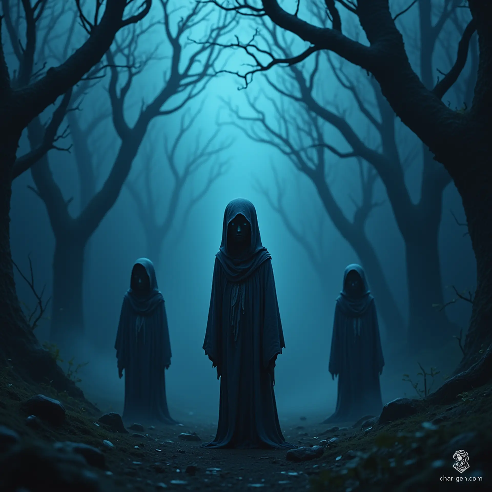 In a shadowy forest, tiny faceless beings emerge, flickering between darkness and light. With ethereal, humanoid shapes, they reflect the memories of the departed, their haunting presence gazing into your eyes, invoking both wonder and unease in the depths of the night.