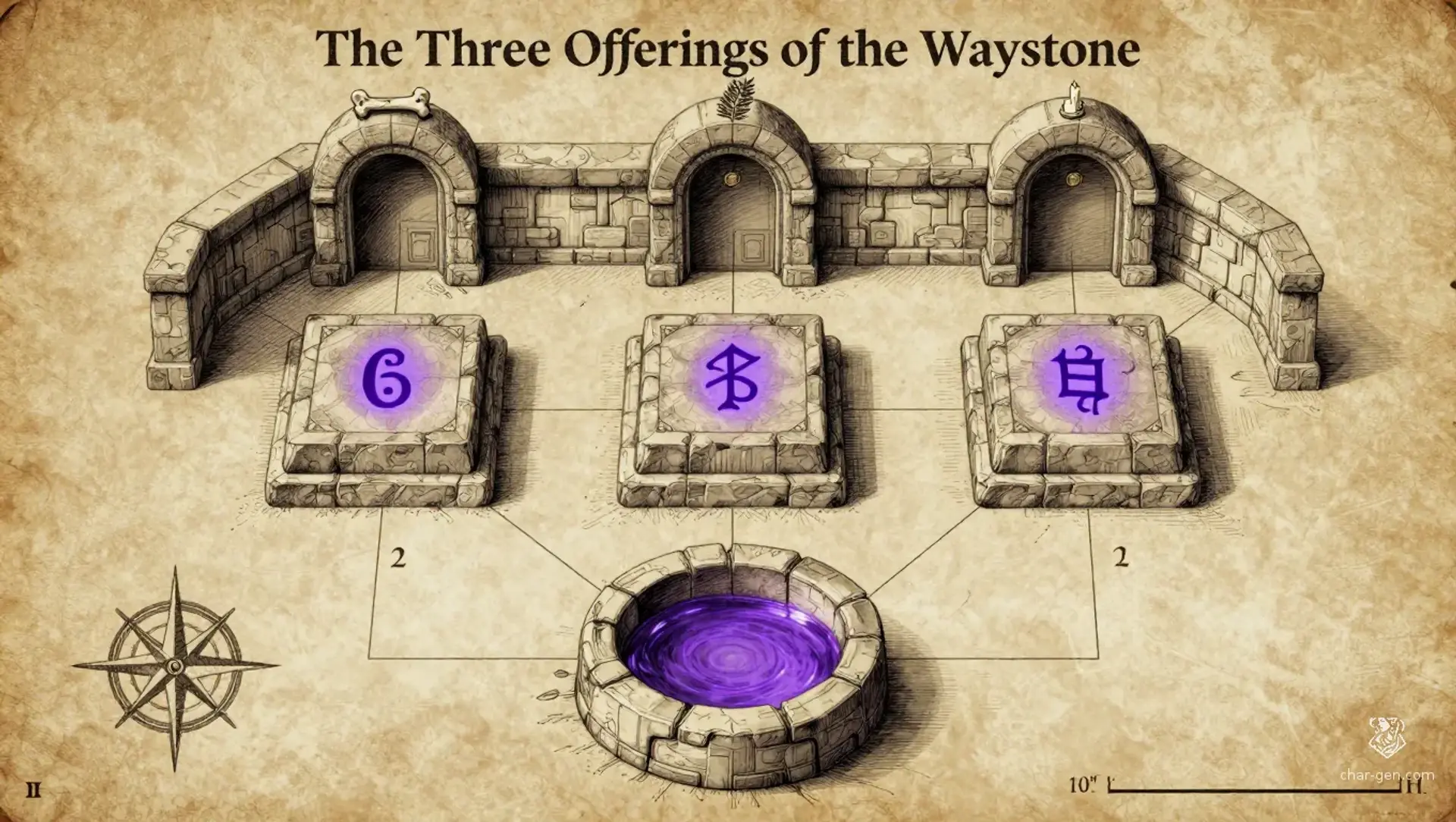 The Three Offerings of the Waystone - AI-generated fantasy Puzzle