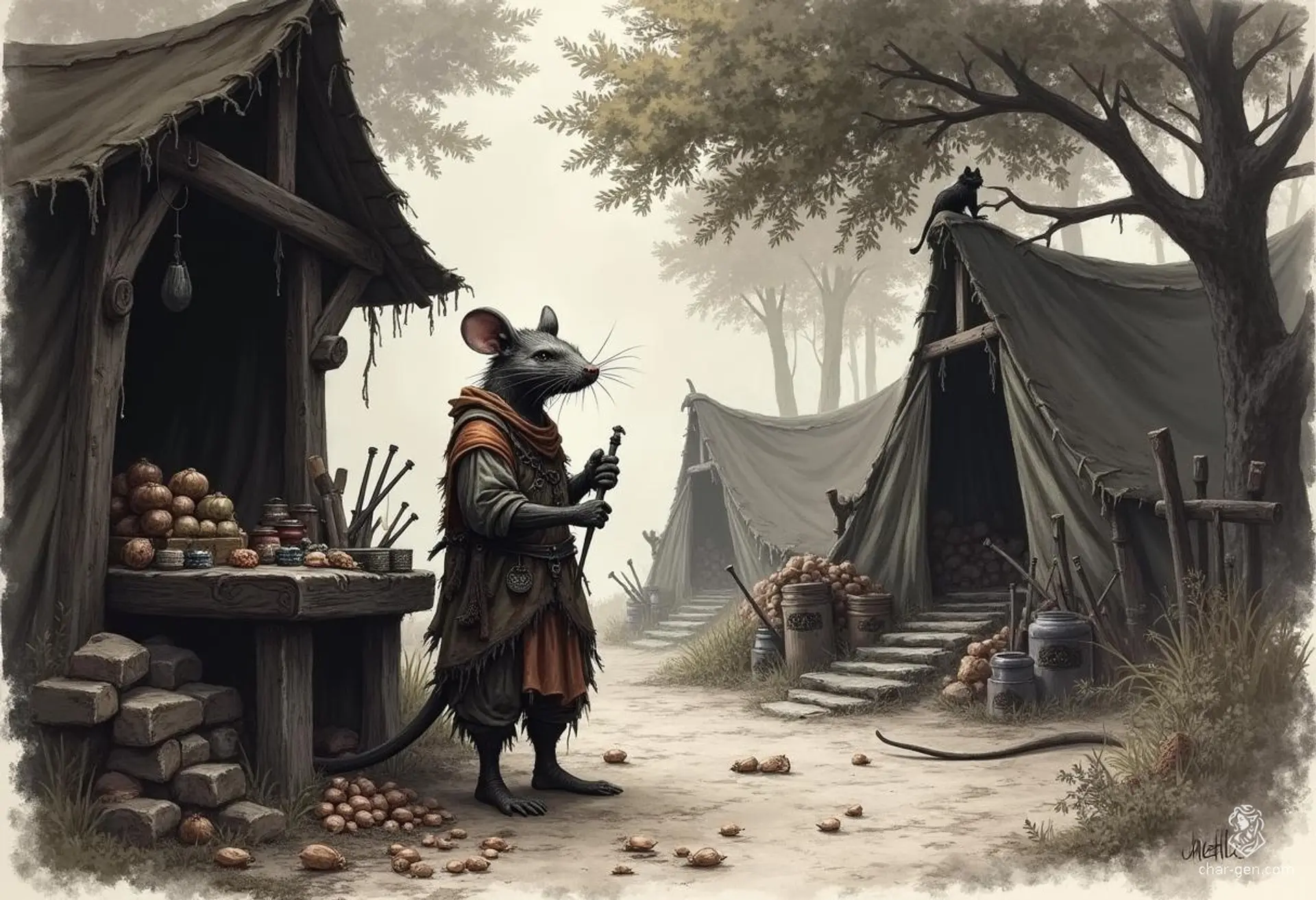 Ratscar, the cunning ratfolk shopkeeper, runs a bustling stall at the bandit camp. With a shrewd gleam in his rat-like eyes and twitching whiskers, he expertly barters various rare goods, providing both value and mischief to his unscrupulous clientele.