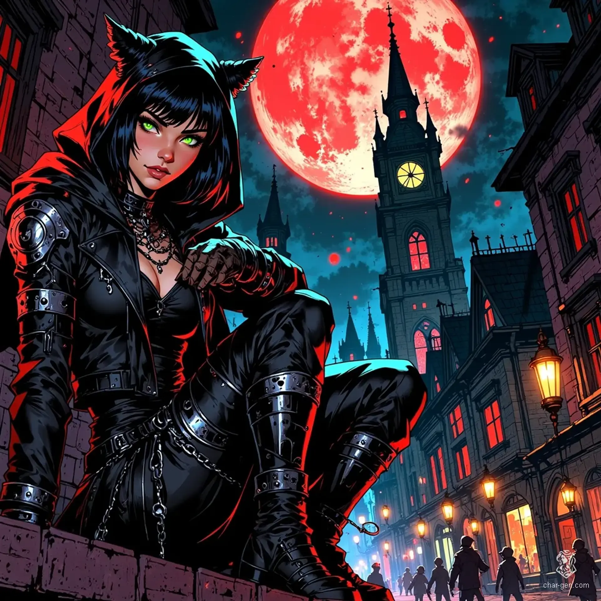 A sleek and agile thief, she perches on a gothic skyscraper ledge, cloaked in a black leather catsuit adorned with silver zippers. Short black hair tucks beneath her cat-eared helmet, while her sharp green eyes scan the rain-soaked city, coiled whip in hand, exuding stealth and elegance under the moonlit sky.