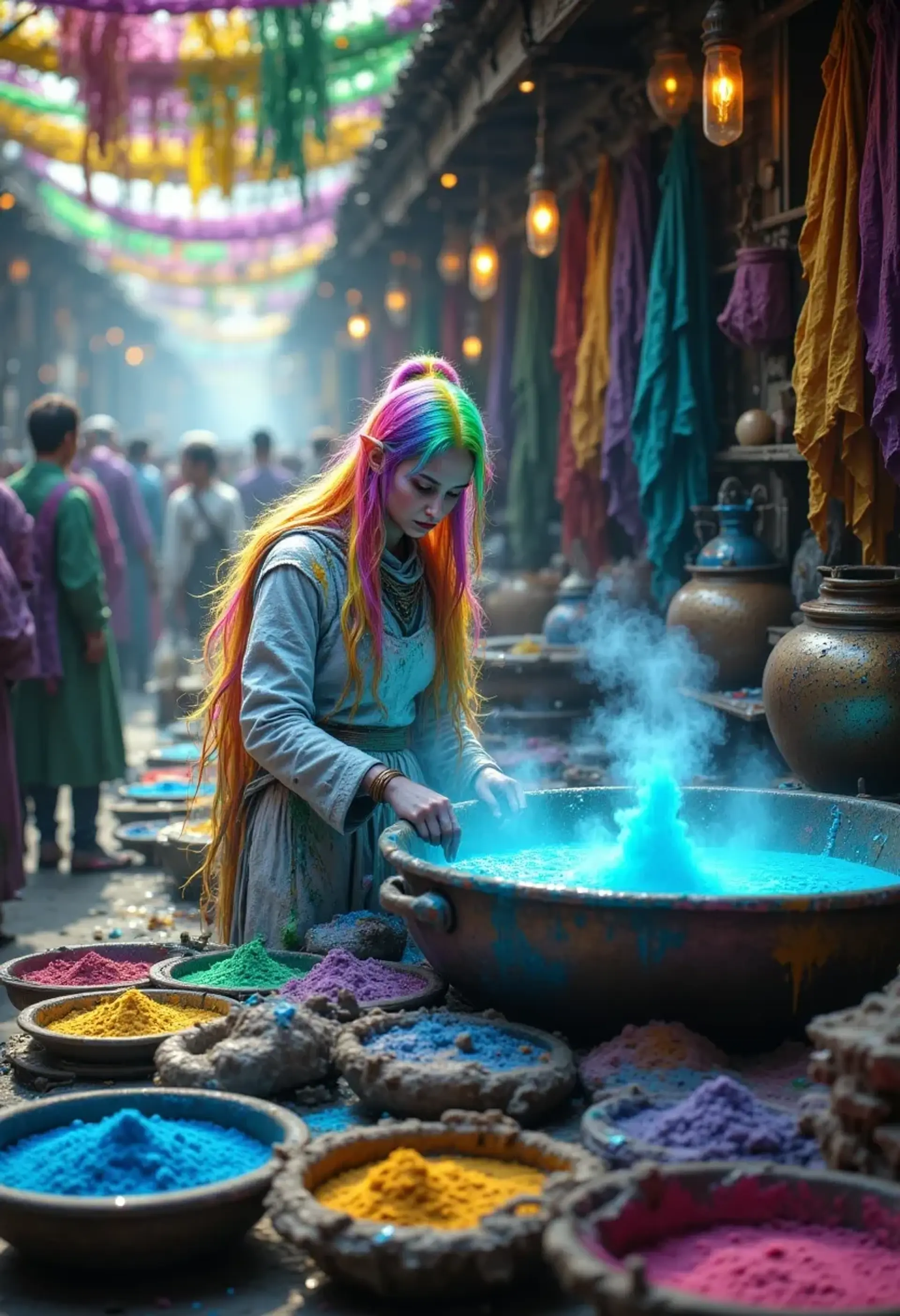 A serene young female elf monk with fair, radiant skin and long flowing rainbow hair stained by vibrant dyes. She skillfully stirs silks in a copper cauldron at her Mardi Gras fabric dying stall, surrounded by vivid fabrics and colorful powders, embodying calm artistry and fluid grace.