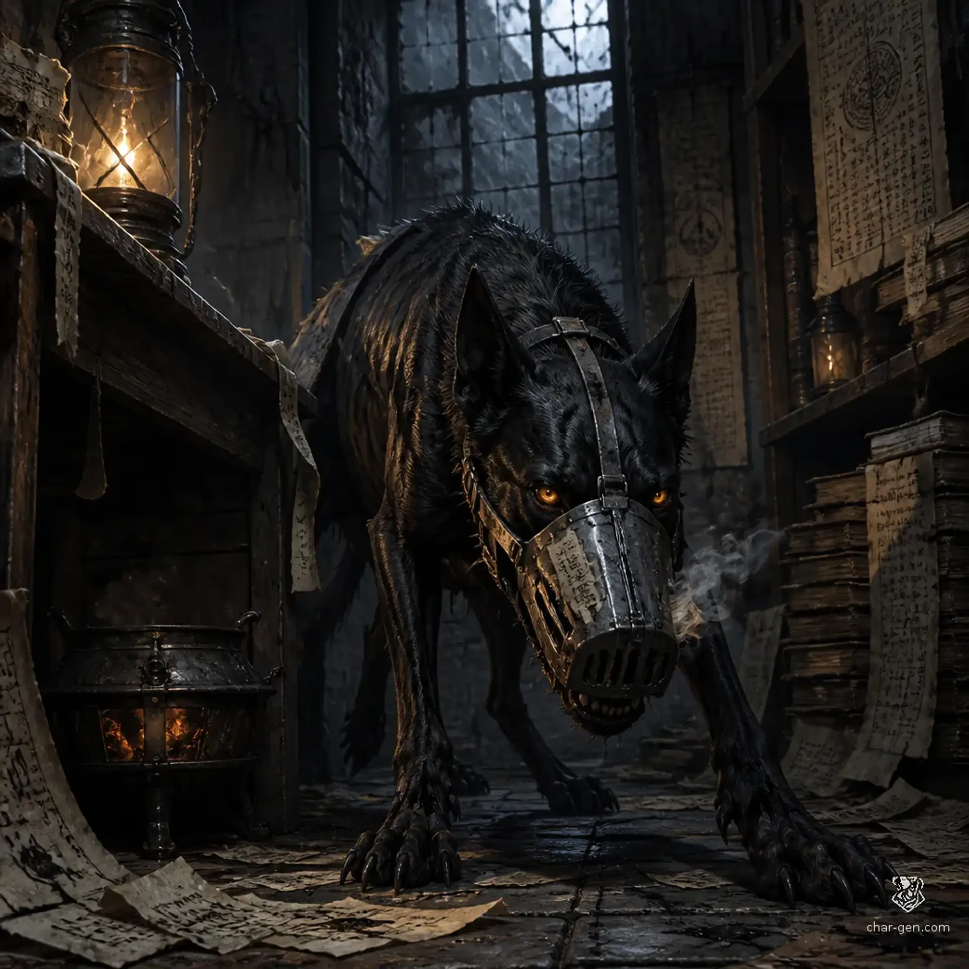 Iron-muzzled hound - AI-generated fantasy Monster