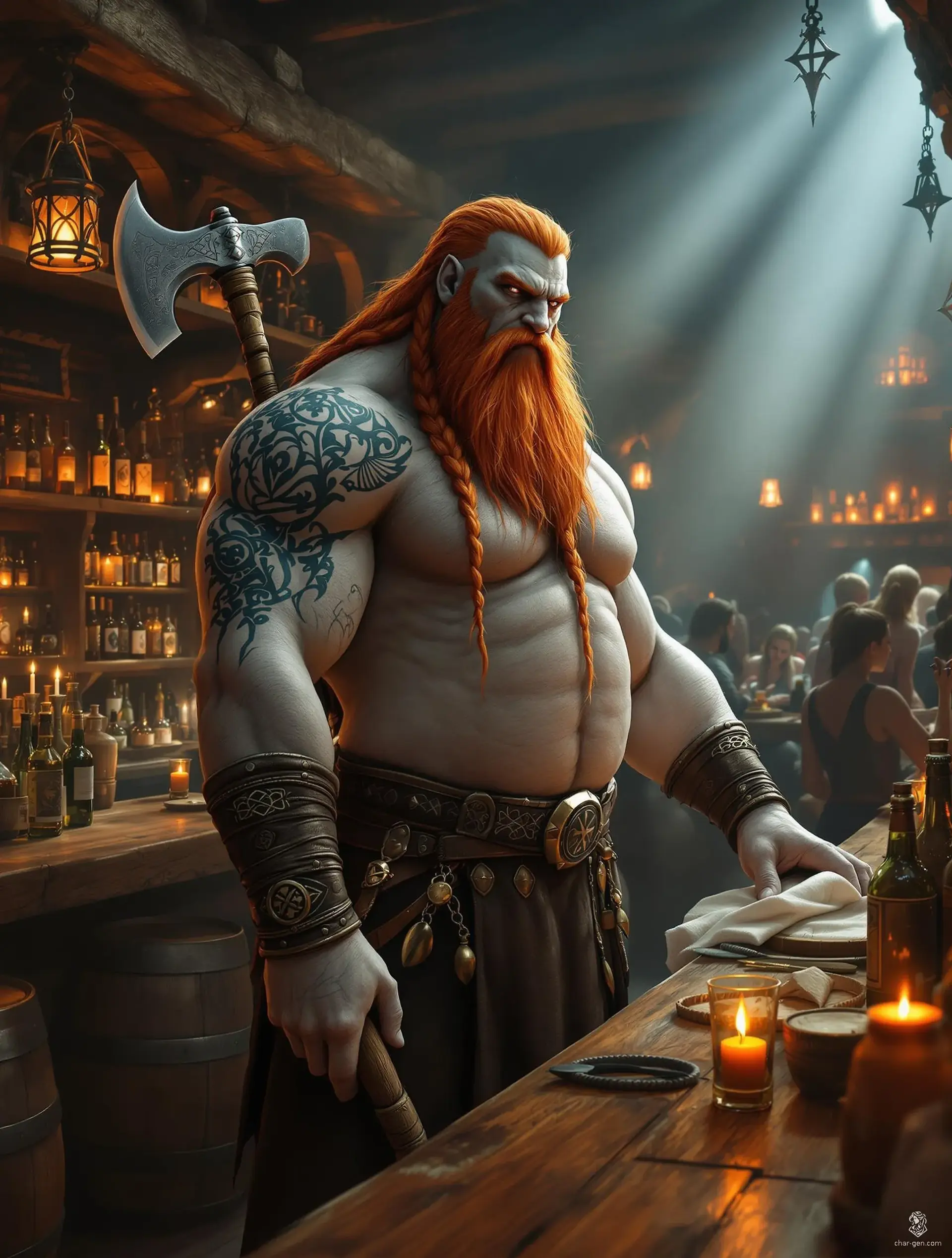 Meet Thorgul, an 8'6" Goliath bartender with stone-grey skin and a robust beer gut. Resembling Thor, he wields a great axe and dons leather attire, accented with Celtic tattoos. His vibrant fiery hair and braided beard flow as he serves drinks to boisterous patrons amidst barrels and bottles.