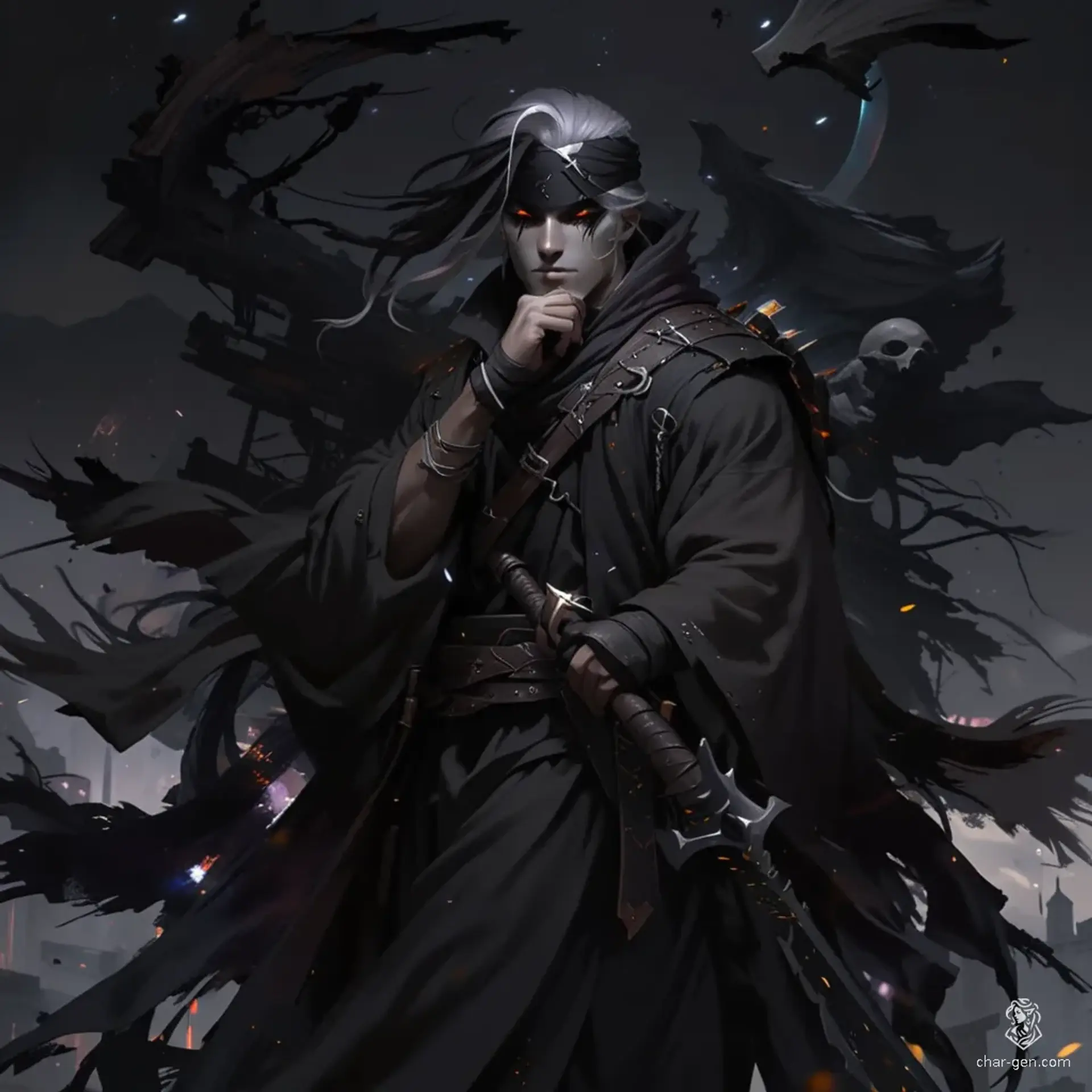 A haunting presence, this charming male druid possesses ash-gray skin shimmering like metal, with shadowy blotches that shift eerily. His flowing white hair and void-black eyes, reminiscent of distant stars, echo his darkly elegant garb. Wielding a polished bone scimitar and a gnarled shield, he embodies the delicate balance of light and shadow.