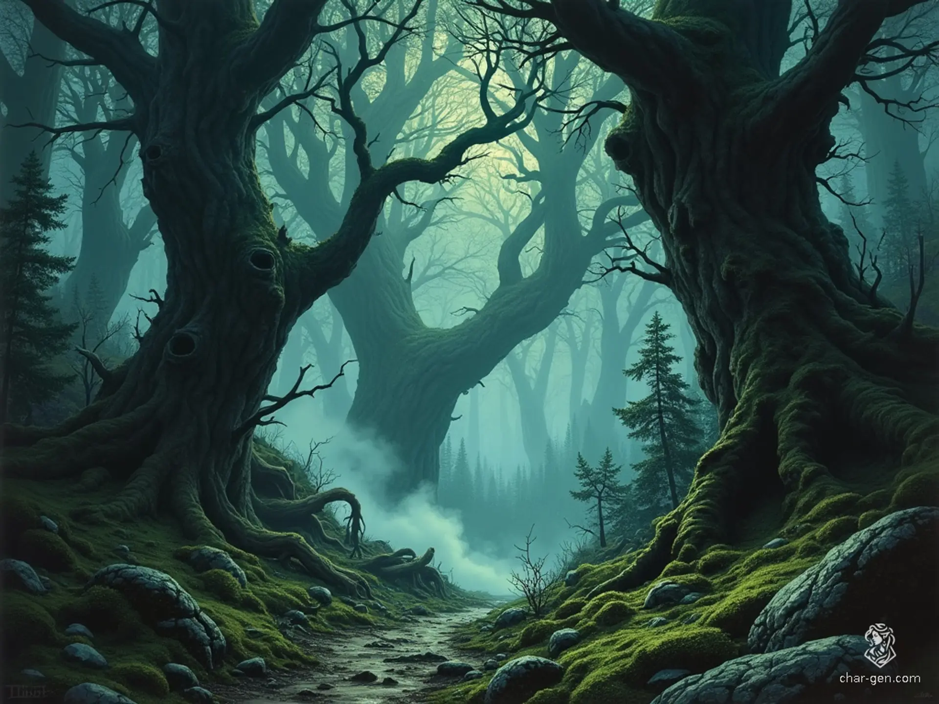A dense, ancient forest of towering, gnarled trees looms under a canopy of muted colors. Deep shadows stretch over the moss-covered ground, while a thick mist clings to the air. Eerie sounds permeate the gloom, making every step feel ominously watched, heightening the atmosphere of dark, Gothic dread.