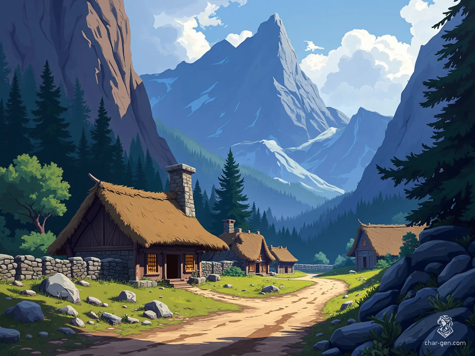 In a painterly fantasy realm, a secluded frontier town sits at the base of the Sword Mountains. Stone cottages and thatched roofs line muddy streets, encircled by ancient ruins and low stone walls. Dense forests and jagged peaks loom ominously, blending earthy tones and magical elements in vibrant, high-contrast hues.