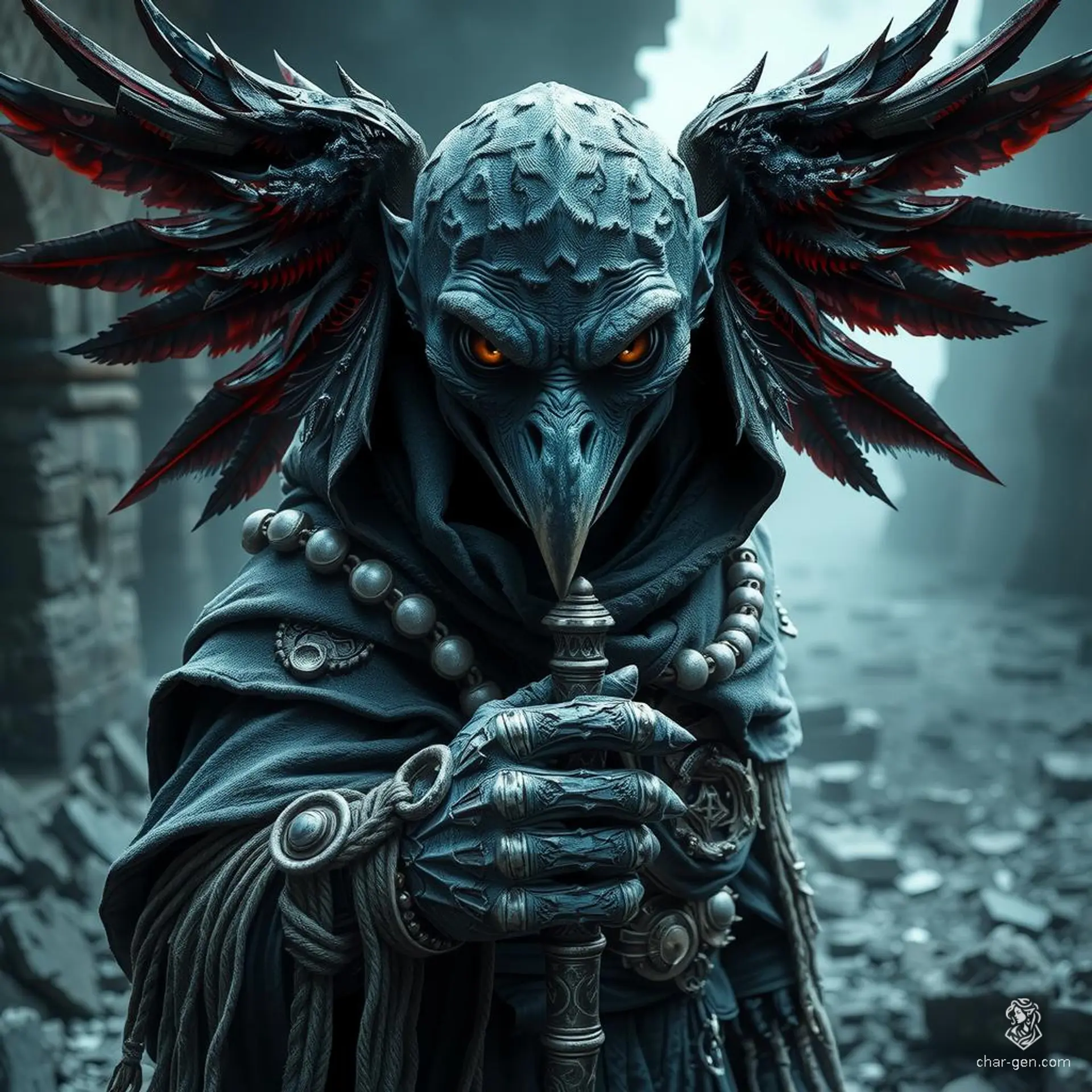 Krackle Brightbeak is a 20-year-old male, blue-skinned, raven-like humanoid sorcerer standing 3'9". With an aura of unpredictable magic, he wields a quarterstaff and wears an illusion-shifting cloak. Highly intelligent and extremely charming, Krackle is a skilled criminal/spy, marked by his enchanted, sigil-adorned garments.