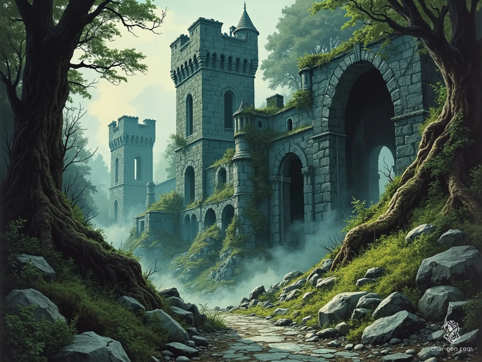 In the heart of the Neverwinter Wood, a ruined castle looms, its cracked stone walls shrouded in thick vines and moss. Partially collapsed towers rise like jagged teeth against a dark, moody sky. Shadows dance across the musty, crumbling interior, creating a haunting, gothic atmosphere.