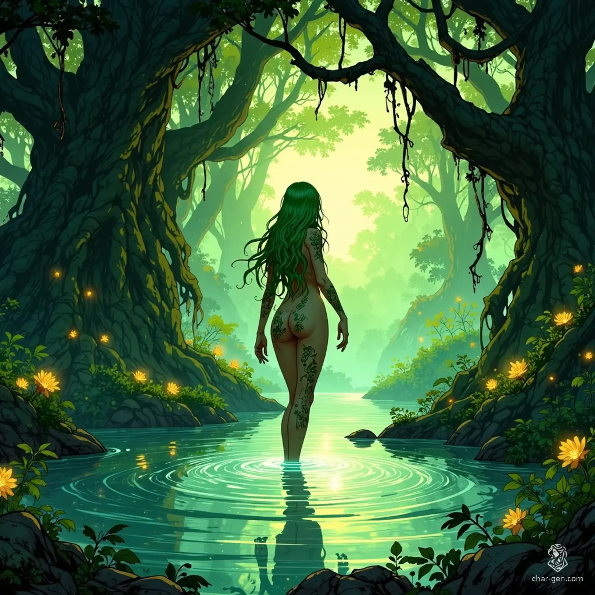 Elysia, the ethereal dryad, embodies the sacred essence of the forest. With flowing green hair and bark-like skin adorned with vine patterns, she dances gracefully by a tranquil spring, bathed in golden-hour light. Surrounded by ancient trees and glowing bioluminescent flowers, she exudes a serene, mystical grace. 