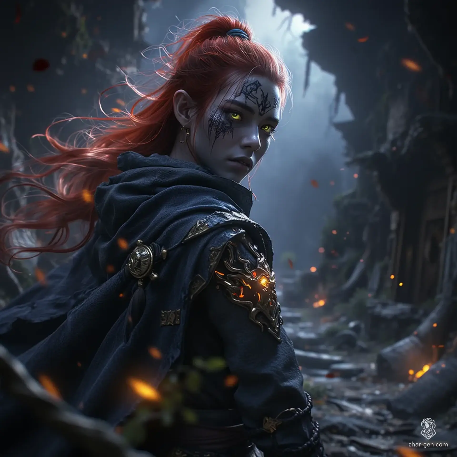 In a haunting, apocalyptic world, a brooding male elf stands resolute, his fiery red hair and piercing green eyes embodying a fierce elegance. Adorned in travel-worn attire and marked by a striking dragon tattoo, he exudes dark mystery and gothic grandeur against a backdrop of contrasts and shadows.