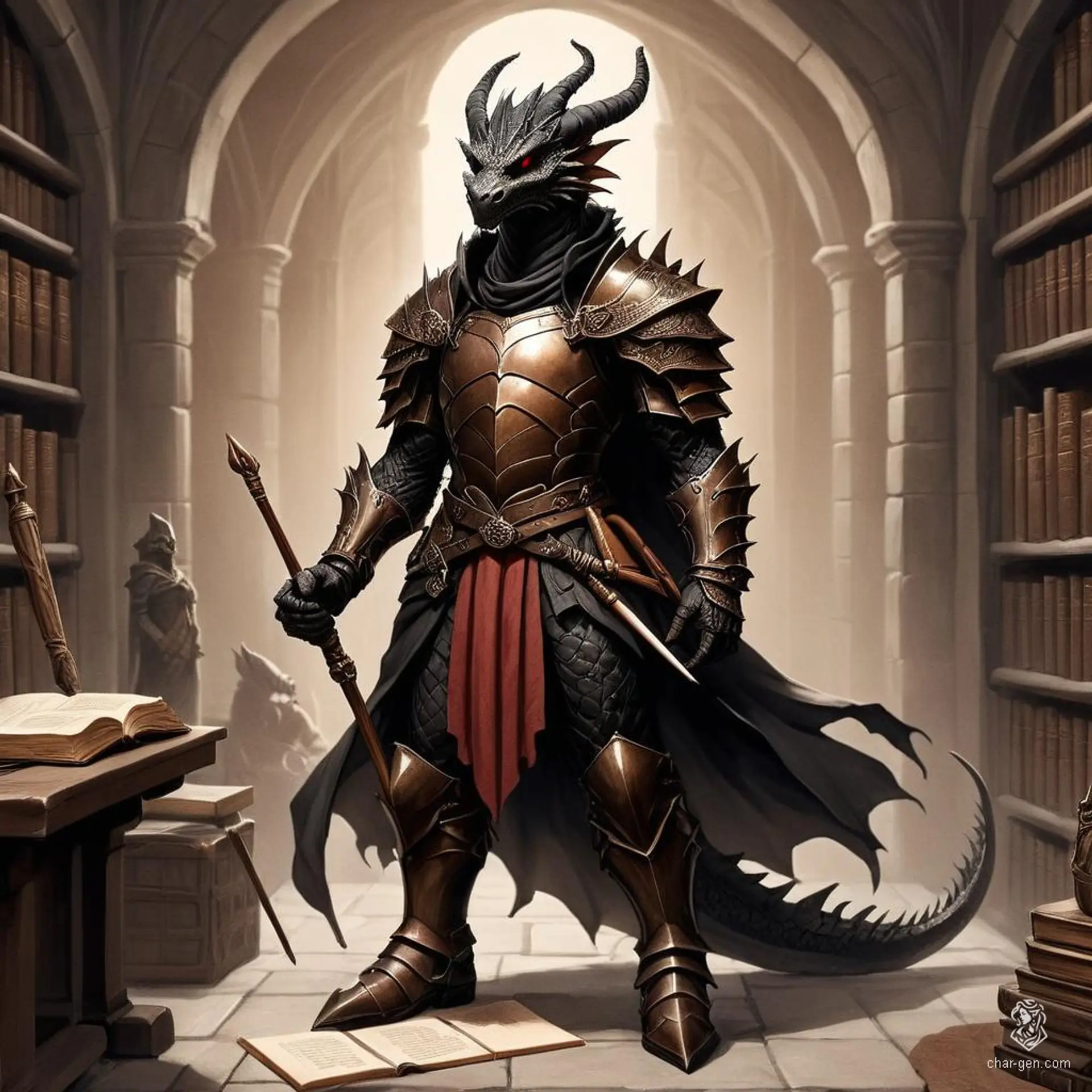 A dragonborn wizard clad in worn, black and red robes marked with arcane sigils, his black skin with copper hues is adorned with small horns, a crested dragon head, and frilled ears. As a scribe, he works diligently in his study, surrounded by scrolls and magical texts, quill in hand, his garments enchanted, and often accompanied by a magical tome or staff. Despite his imposing dragon-like appearance, his focus is on the arcane, not on physical prowess.