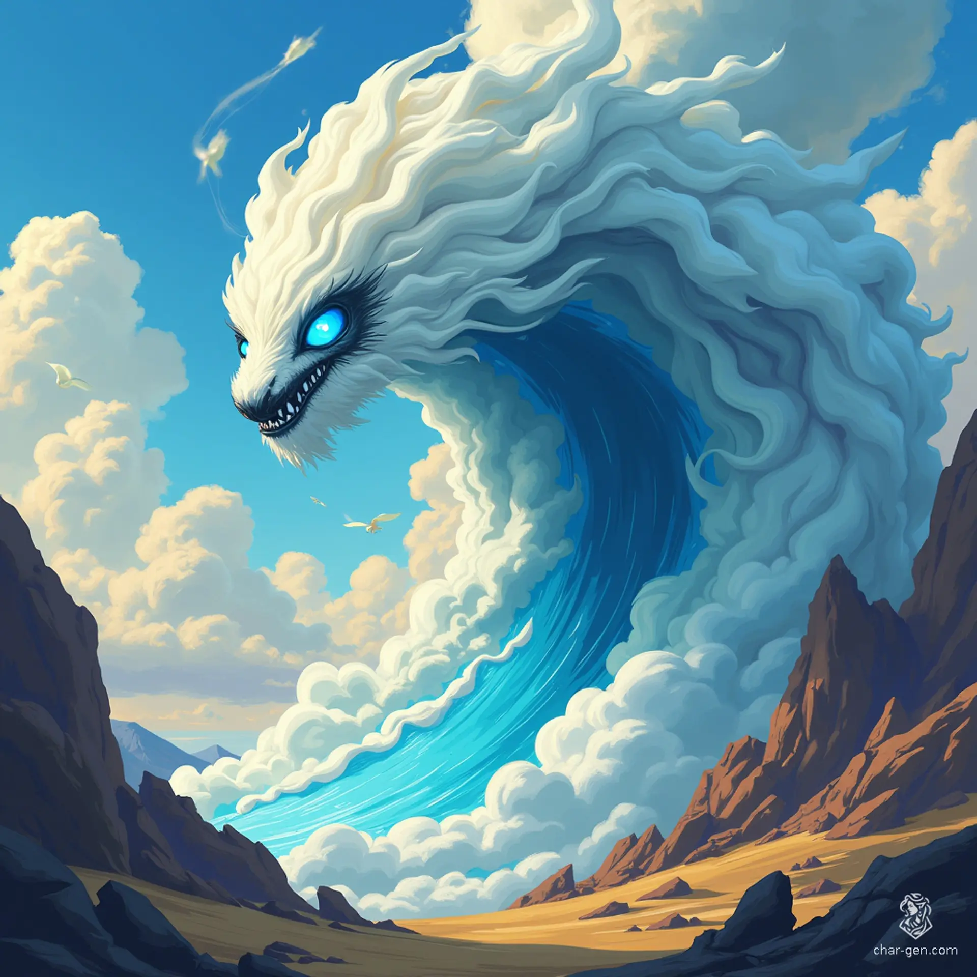 An Air Elemental is a swirling vortex of wind, taking the form of a funneling cloud with a vague, cloud-like face. It resembles an anthropomorphic air cloud, embodying the untamed and unpredictable essence of air.