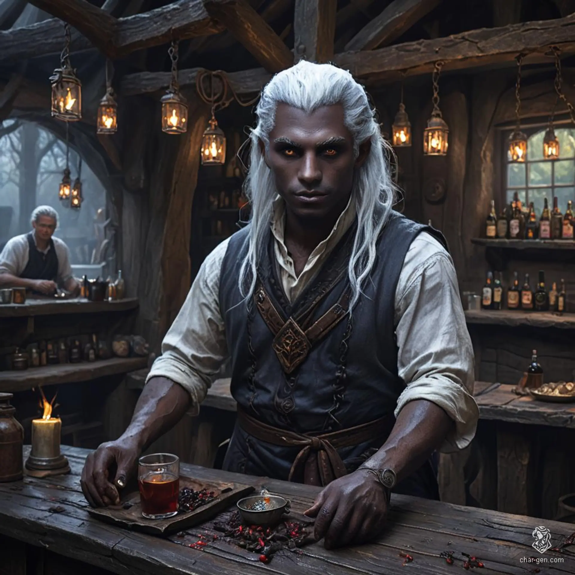 A drow, with dark black-grey skin and stark white hair, stands behind the bar of their bustling tavern. As innkeeper and bartender, they masterfully manage patrons, rooms, and meals, all while donning a well-worn bartender's apron.