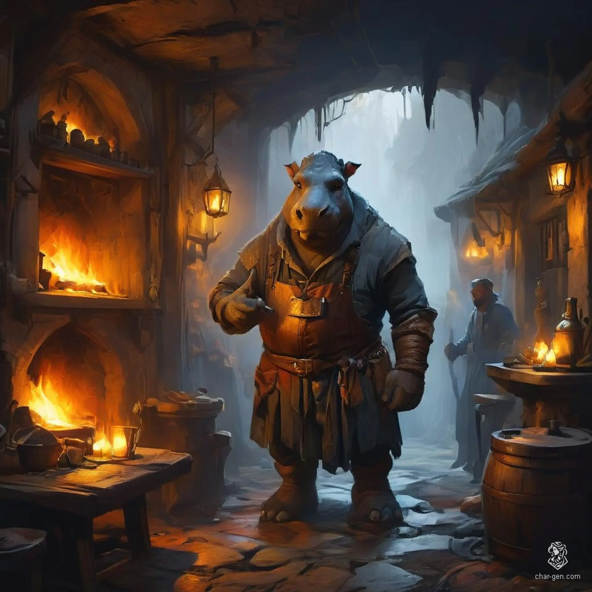 A stout, hippo-headed giff innkeeper dons a bartender's apron as he skillfully navigates his tavern. Managing patrons, rooms, and meals, his anthropomorphic form moves with surprising grace, establishing him as a beloved fixture among the diverse clientele seeking refuge and camaraderie under his roof.