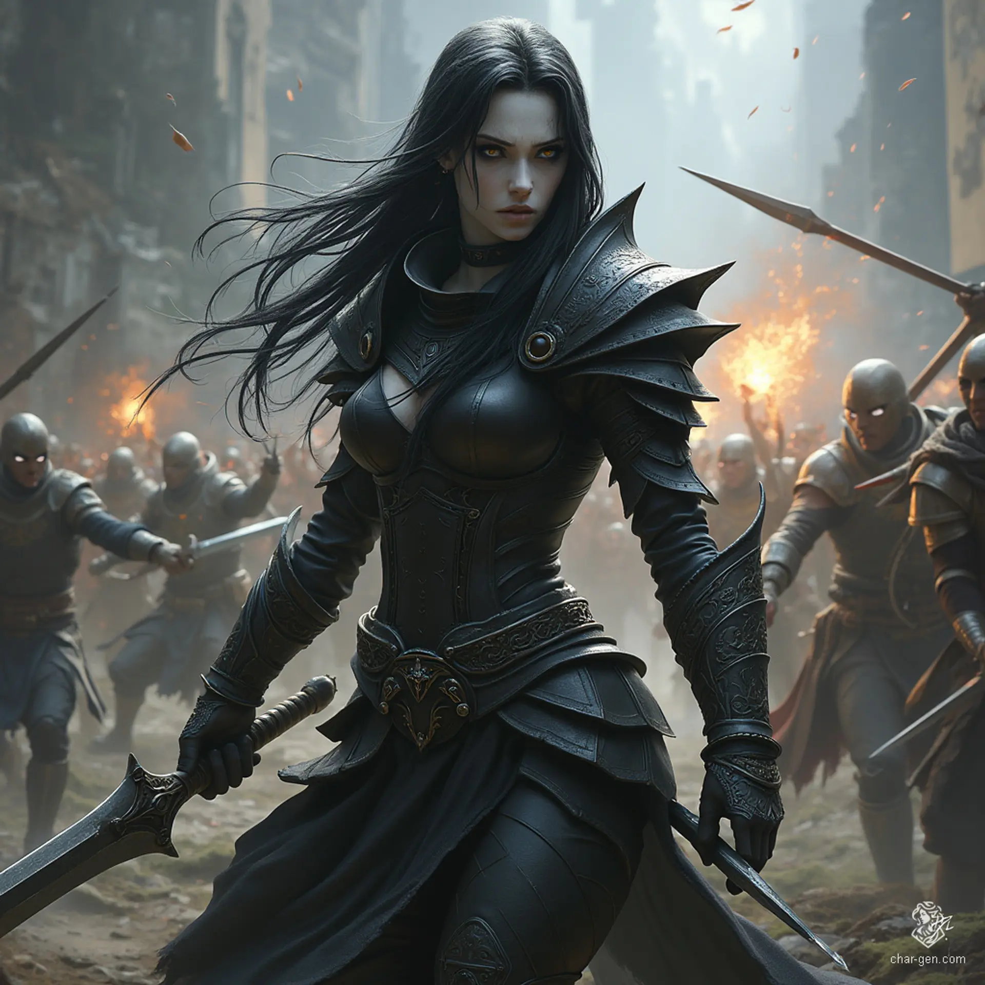 Meet a striking female Shadar-Kai warrior, raven-haired and obsidian-eyed with shadow-kissed white skin. At just 1 year old, she exudes an air of dark malevolence. Decked in black leather armor and armed to the teeth, she radiates confidence and deadly prowess.
