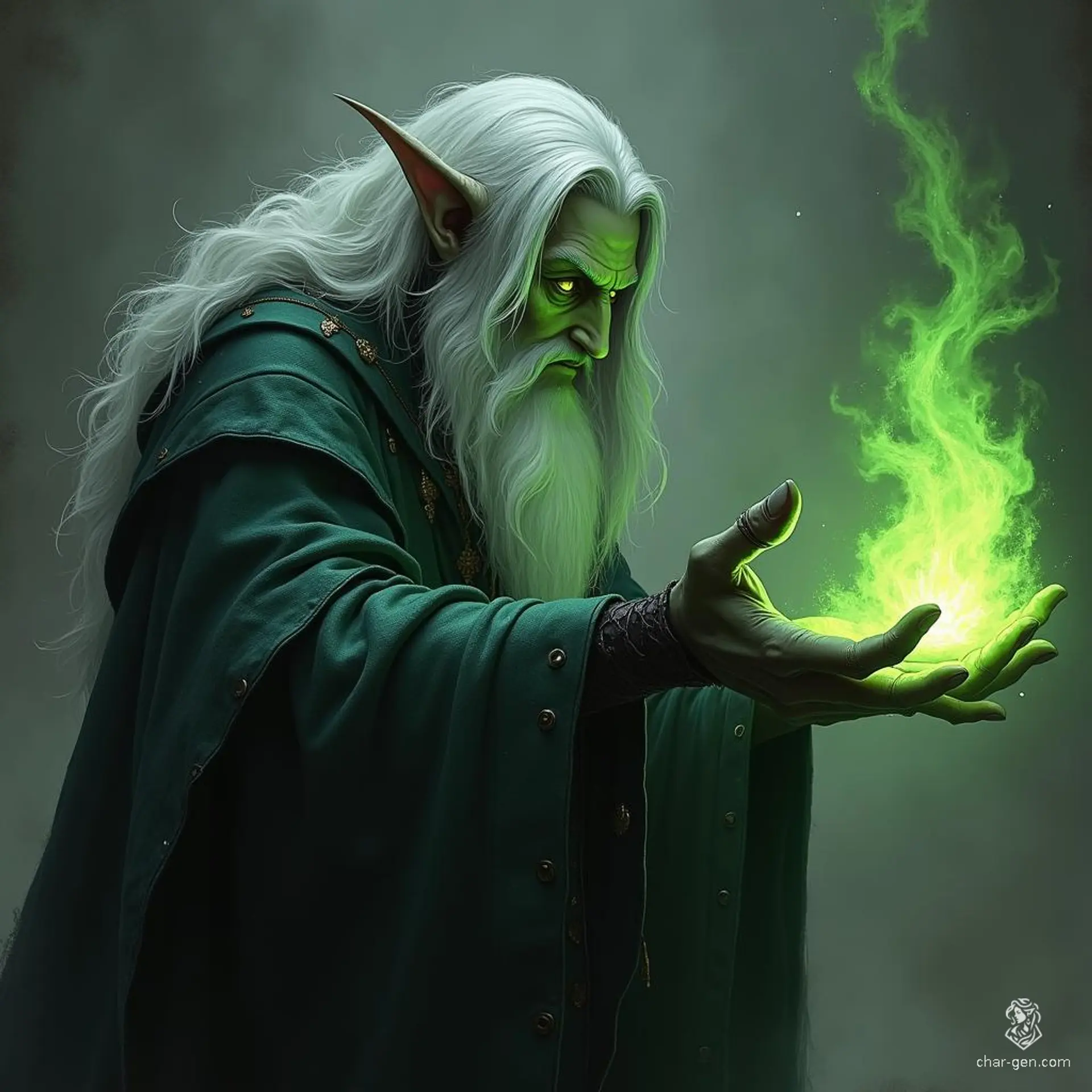 A male Drow Sorcerer, marked by striking yellow eyes that gleam with arcane power, commands the forces of acid. Cloaked in shadows, he wields his dark magic with precision, blending cunning intellect and innate talent to become a formidable force in the realm of sorcery.