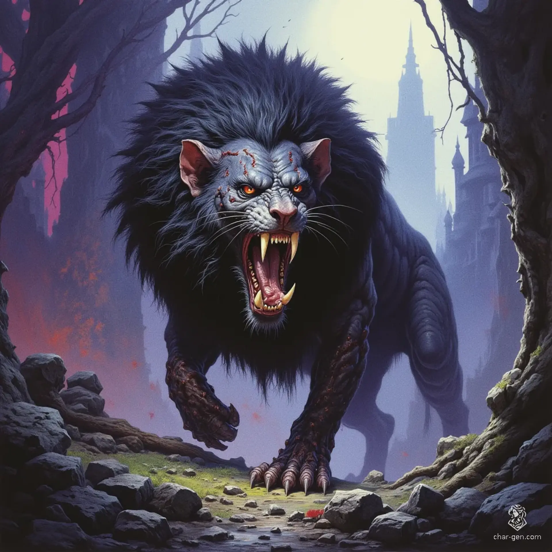 The manticore is a fearsome beast with a lion's body and a humanoid, rat-like face. Its scarred skin and a mane lined with protruding spines create a menacing appearance, while a spiked, scorpion-like tail adds to its monstrous allure.