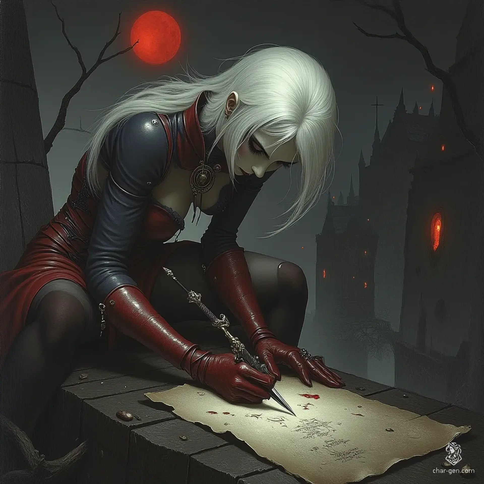 Amidst a haunting night, a petite bard assassin balances on a rooftop, her alabaster skin glowing under the eerie red moon. Clad in tight red and black leather, she pens dark poems in blood, wielding a saber and shadowy magic, embodying both artistry and danger.