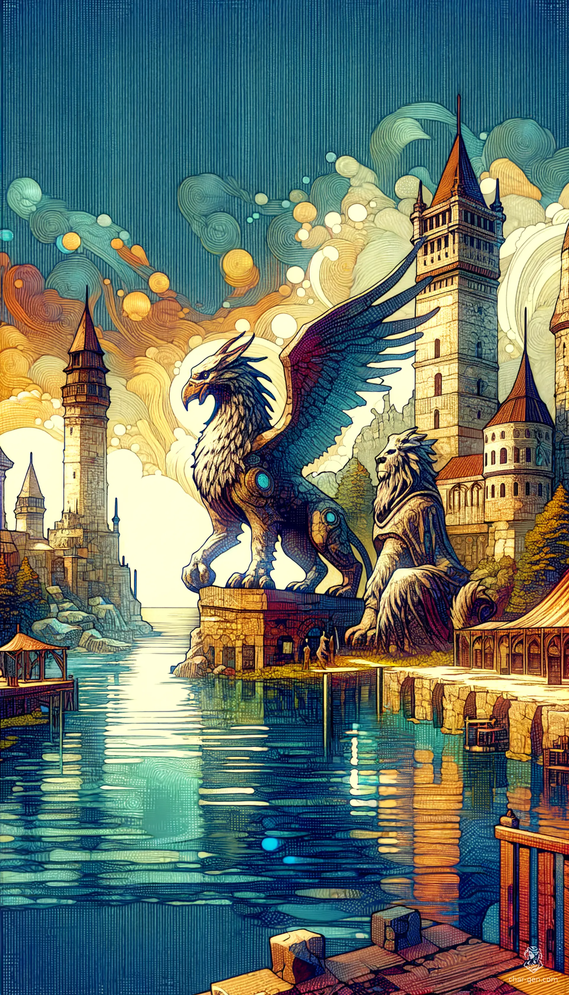 Nestled along the shimmering coast, Waterdeep radiates with grandeur and magic. Majestic stone statues—a griffon, a knight, and a sahuagin—stand sentinel. The cityscape, vibrant with saturated hues and mystical lights, boasts wizard towers, bustling taverns, and stately manors. Earthy tones blend seamlessly with enchanting, glowing effects, creating an awe-inspiring tableau.