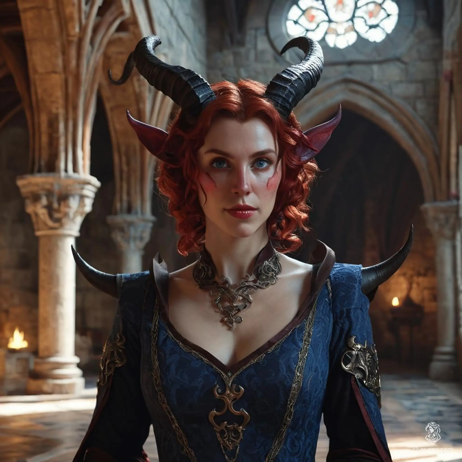 Meet Lyria, a seductive femme fatale tiefling spy with tantalizing cleavage and a charming pinup allure. Her wavy red hair is loosely bun, accentuating her striking blue eyes. In inconspicuous attire, she blends effortlessly into crowds, carrying secret messages and eavesdropping with her devilish tail and horns hidden.