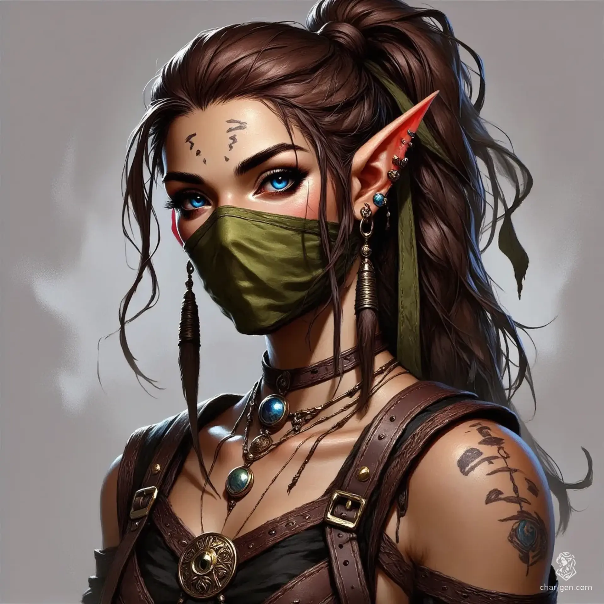 Elysia, a strikingly attractive middle-aged elf, boasts piercing blue eyes and a high-structured dark brown ponytail adorned with a gold tube. Ethereal white patterns trace her slender form, while long gold earrings and a necklace accentuate her elegance. A hanging green silk veil shrouds her mouth, and her simple black Egyptian dress complements her tired yet regal demeanor.