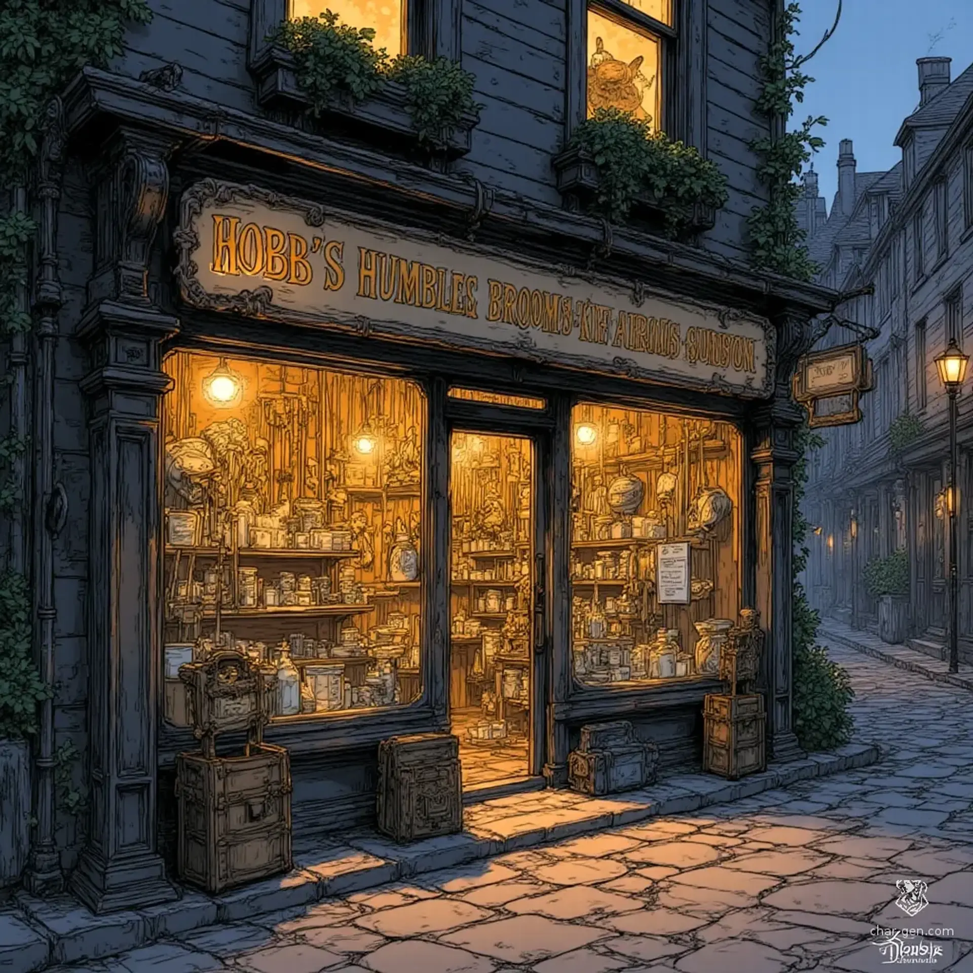 Hobb's Humble Used Brooms & Aerial Sundries - AI-generated fantasy Shop