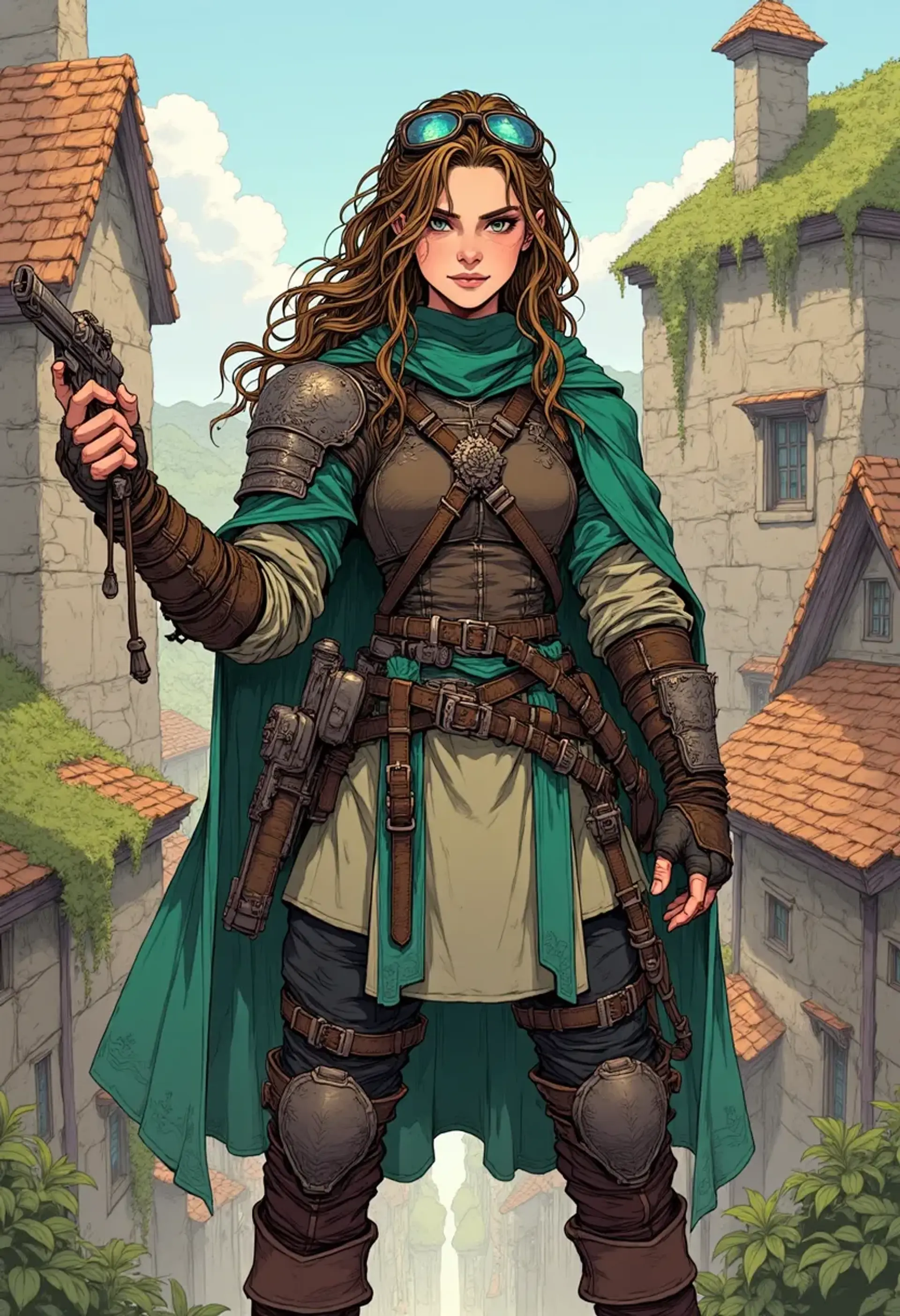 Meet Liora, a quirky young adult artificer. Clad in light leather armor and sporting fluttering brown hair, she juggles bubbling vials and wields a flint-lock pistol. Her steampunk mechanical gauntlet and protective goggles accentuate her intense focus against a whimsical, moss-draped cityscape.
