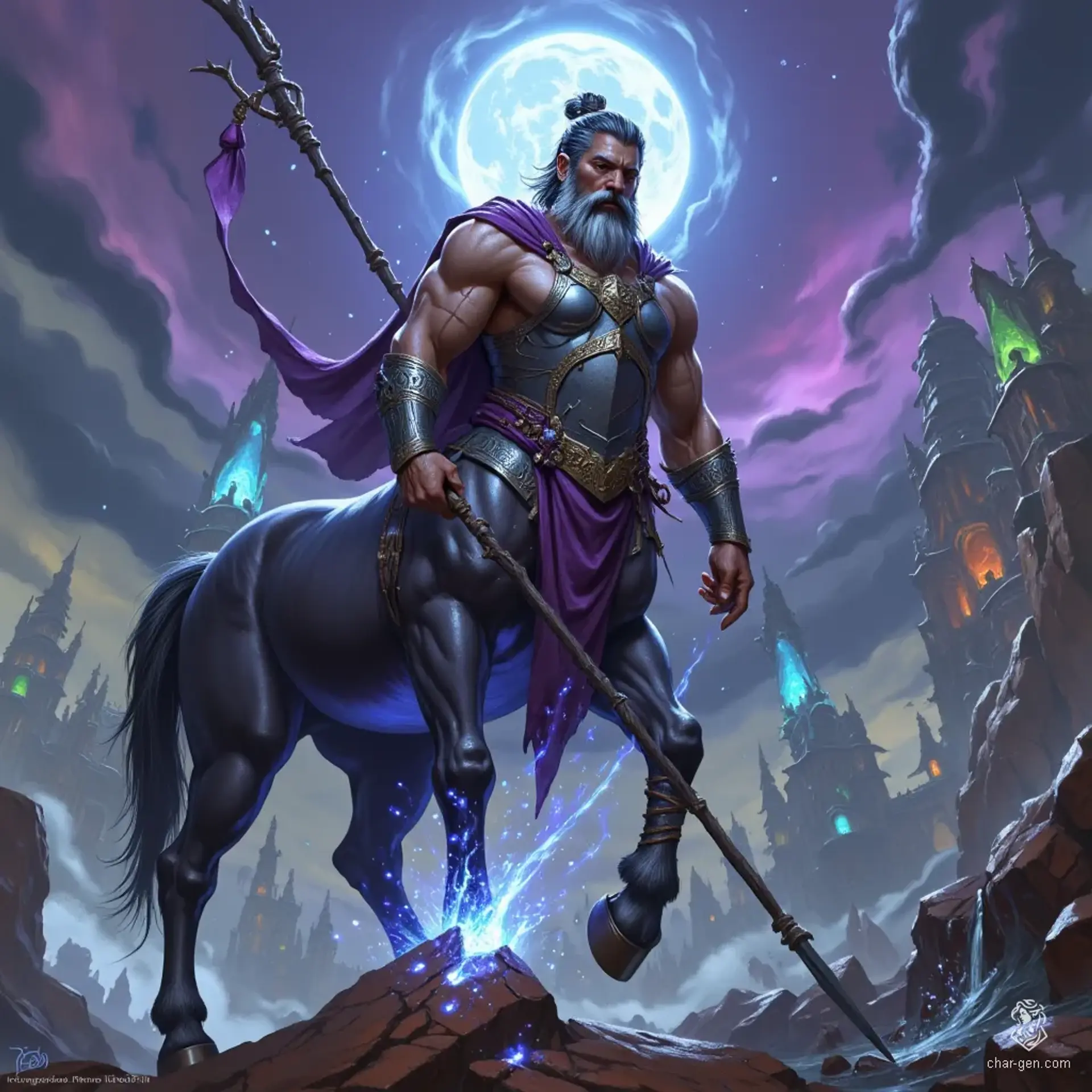 Nuniya is a tall, olive-skinned centaur cleric of Selune, embodying strength and serenity. His muscular human torso supports a striking black and grey horse body, adorned in heavy armor. With greying hair tied in a bun and a trimmer beard, he wields a staff, radiating sparkling moon magic as he heals the sick with compassion.