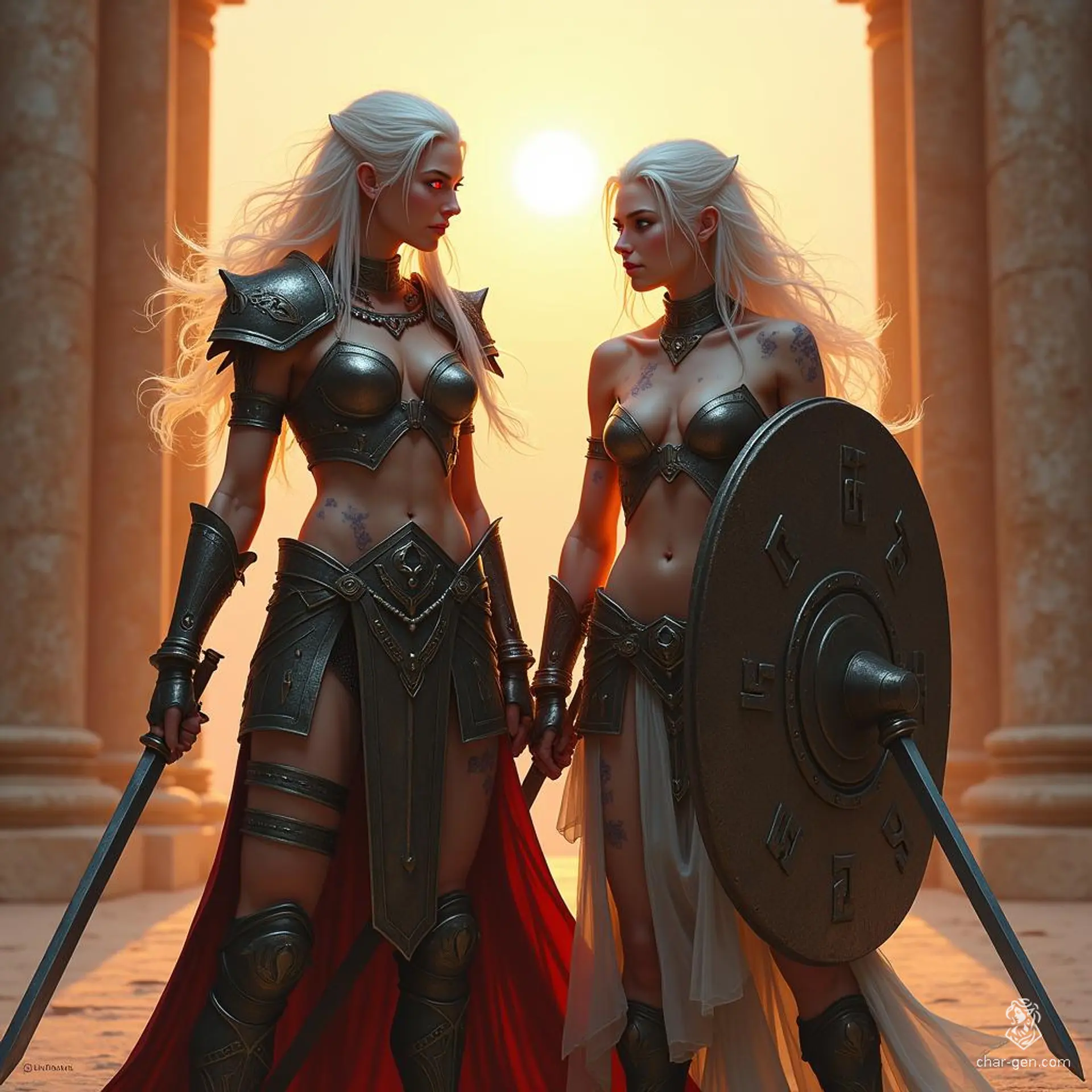 In the heart of an ancient arena, two fierce Drow sisters stand resolute. The tall, agile warrior with flowing white hair wields twin swords, her fierce red eyes ablaze. Beside her, the stockier sister, scarred and steadfast, holds a battered shield, ready for battle. Together, they embody strength and resilience.