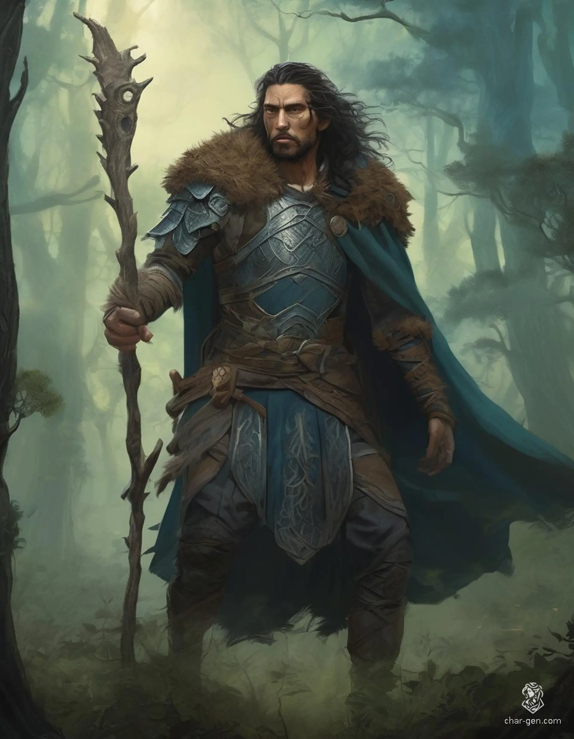 Addan of Lurkwood is a formidable human druid, renowned for his strength, agility, and wisdom. Armed with a quarterstaff and a detailed shield, he fiercely protects his unspoiled home. With animal companions by his side, he seeks glory in battle, driven by a deep resentment for past wrongs.