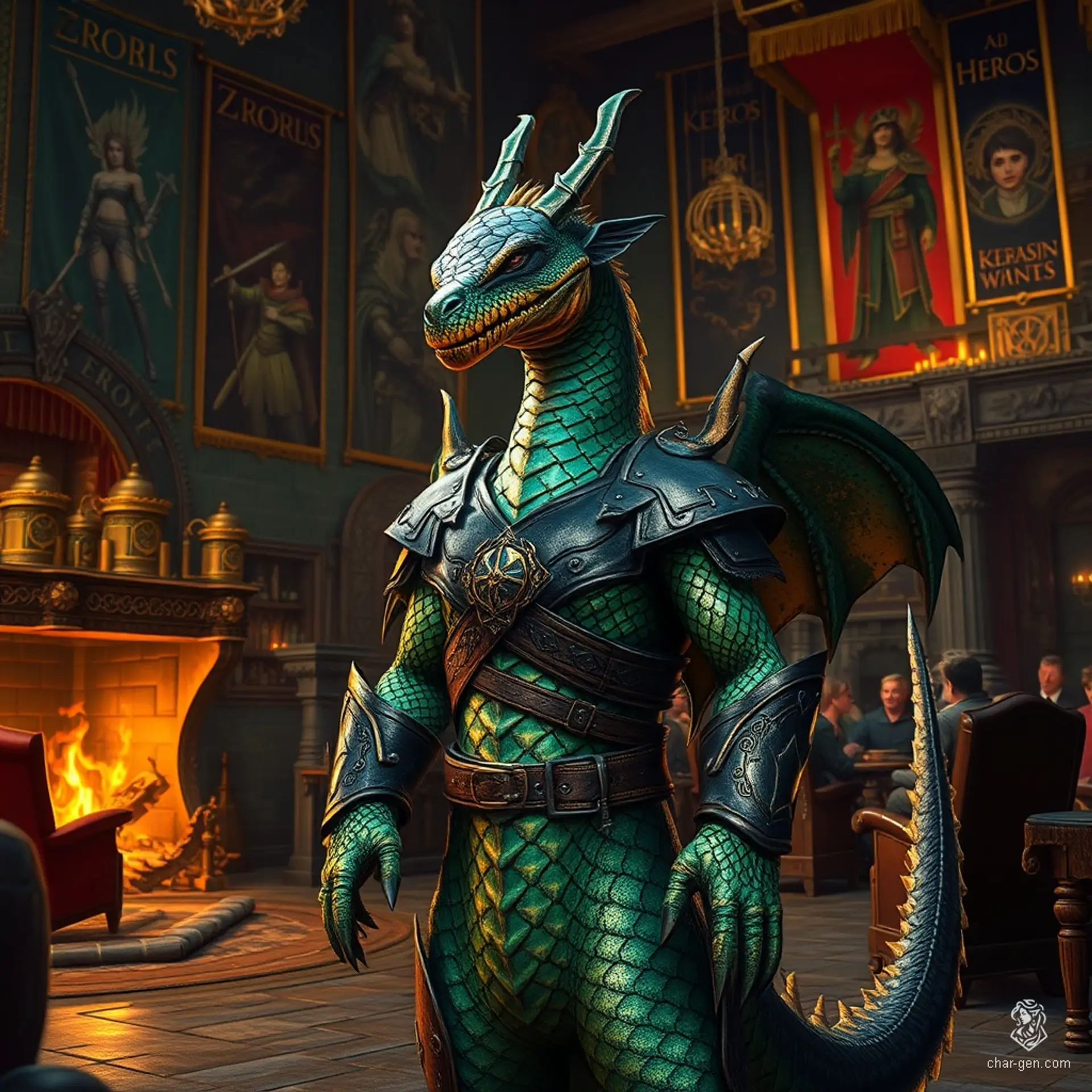 A regal Dragonborn, this anthropomorphic dragon boasts shimmering scales and a striking dragon-like snout. Frilled ears and small horns frame its fierce visage, while a prominent crest crowns its head, embodying the majesty and strength of its draconic lineage.