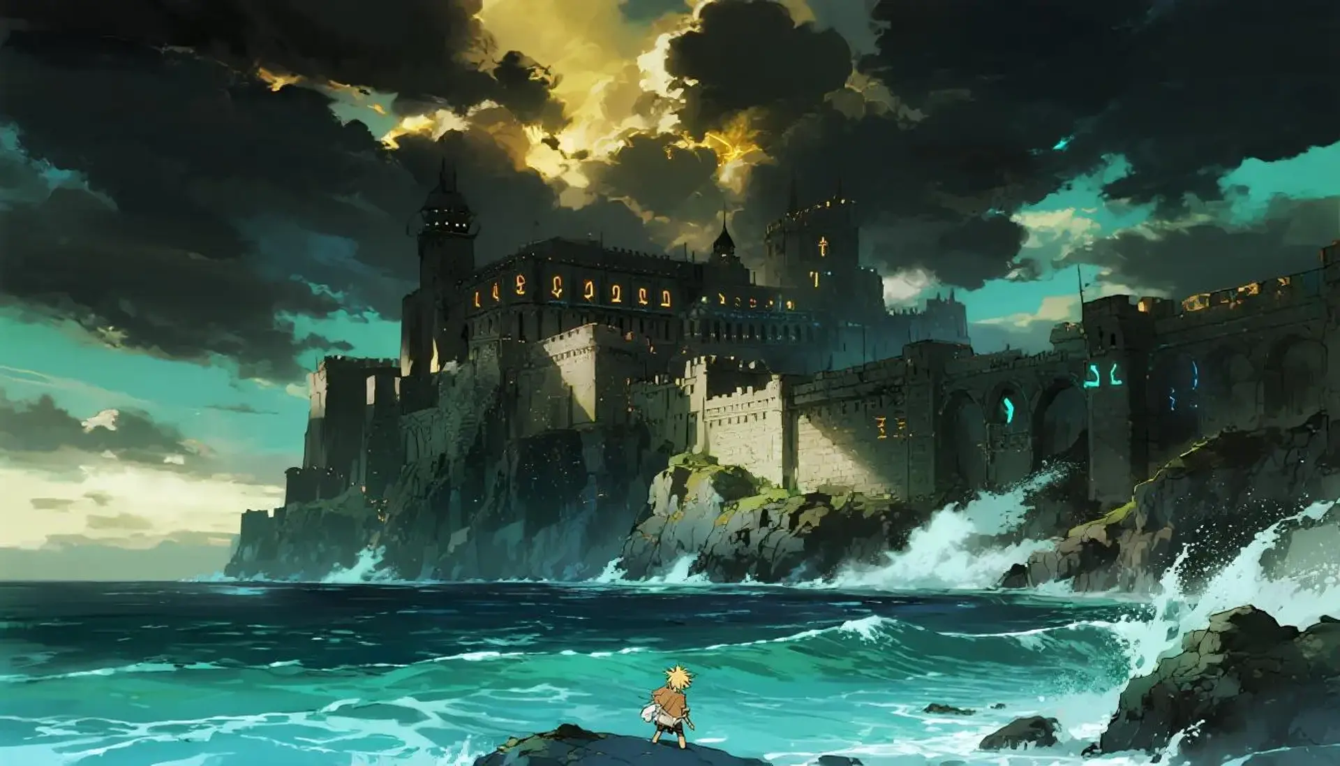 Perched atop a vast medieval cliffside fortress, battered by a raging turquoise sea, colossal waves smash jagged rocks below. Glowing runes carved into the stone pulse as golden stormlight pierces black clouds, painting the battlements in eerie, cinematic brilliance.