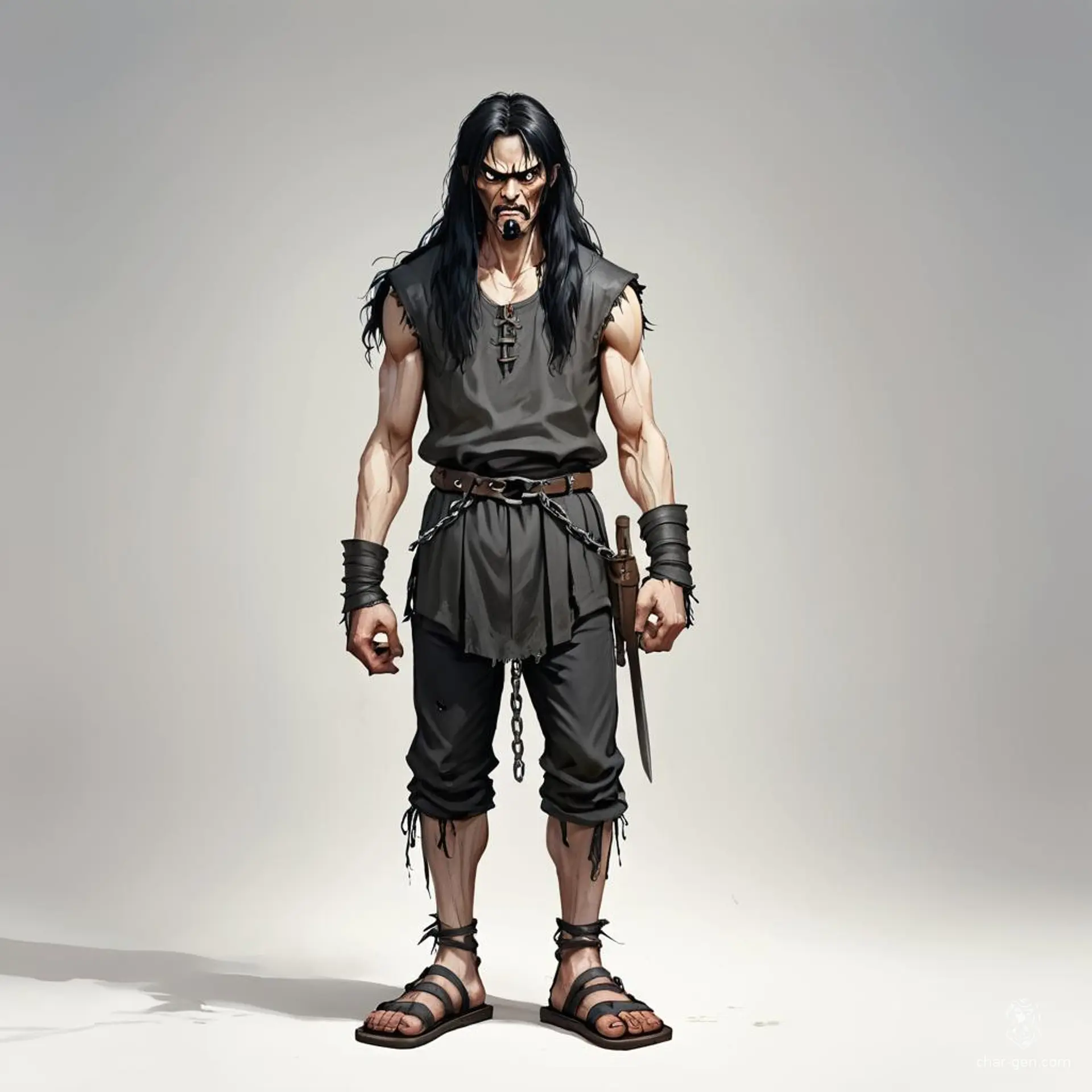 A towering figure of despair, this gaunt medieval prisoner, in tattered rags and worn sandals, exudes an aura of fury. His long black hair frames a face etched with anger, while heavy chains rattle ominously, symbolizing both his captivity and unyielding spirit.