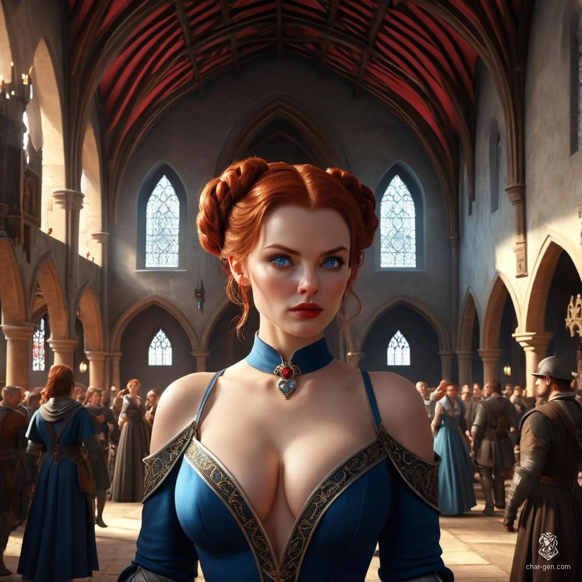 A seductive femme fatale with wavy red hair in a loose bun and captivating blue eyes, this busty female spy expertly blends into crowds, eavesdropping and carrying secret messages while in inconspicuous attire. Her alluring pinup charm belies her dangerous and enigmatic profession.