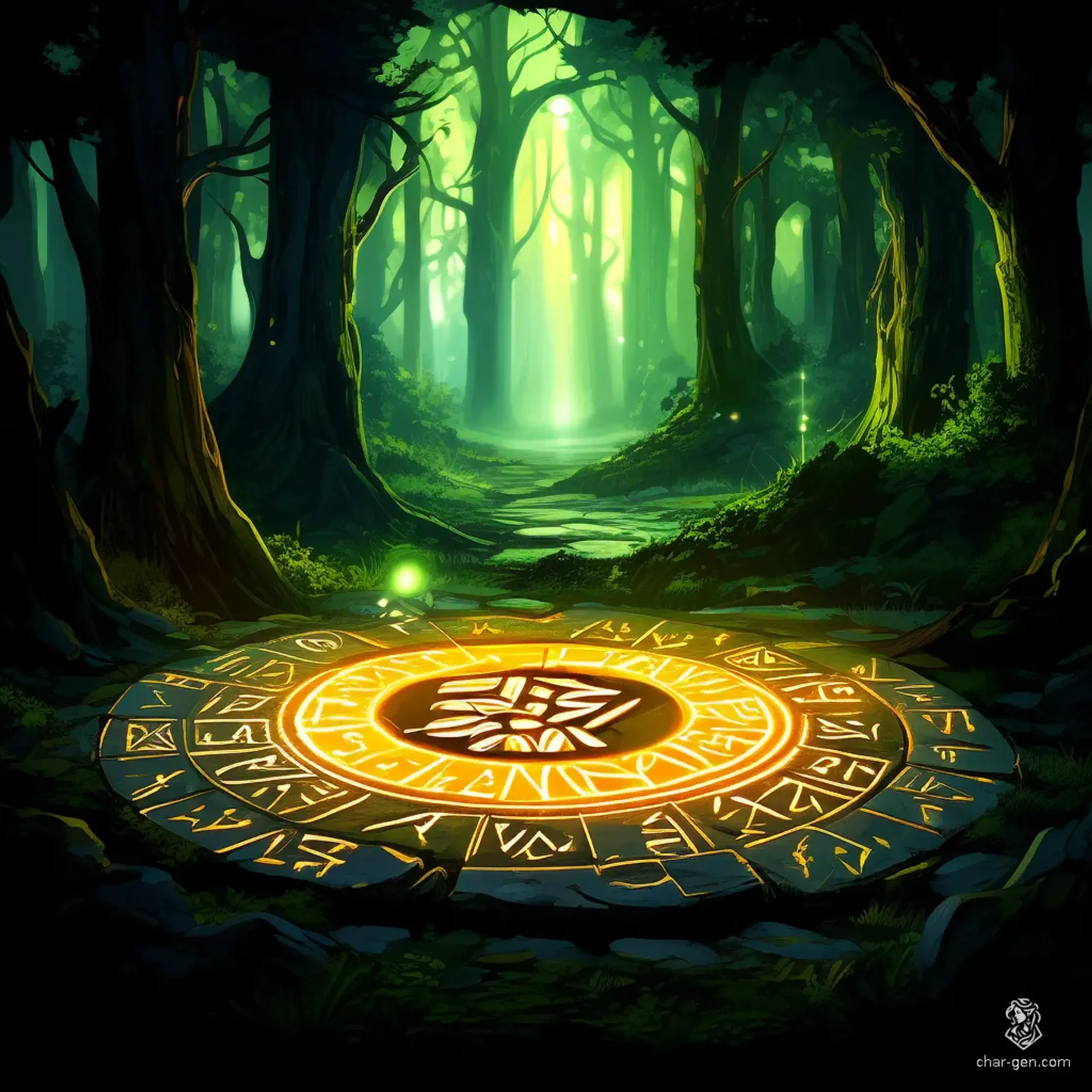 In a vibrant forest glade, a mystical circle of ancient stones hums with glowing elvish runes, bathing the surroundings in ethereal light. Lush greenery and vibrant flora frame this serene sanctuary, where soft gradients of magic dance in the air, illuminating a tranquil haven.
