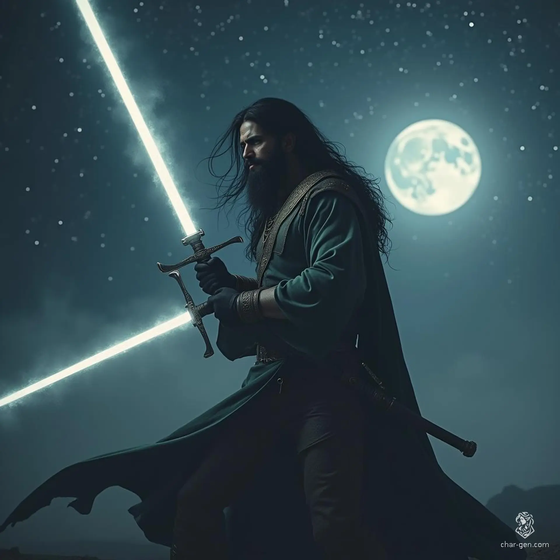 A formidable Arabian warrior stands poised for battle, wielding twin sabers. His flowing black hair and beard contrast sharply against the luminous, star-studded night sky. Surrounded by ethereal fog and bathed in the glow of a full moon, he embodies strength and mystique amidst a cinematic backdrop of shooting stars.