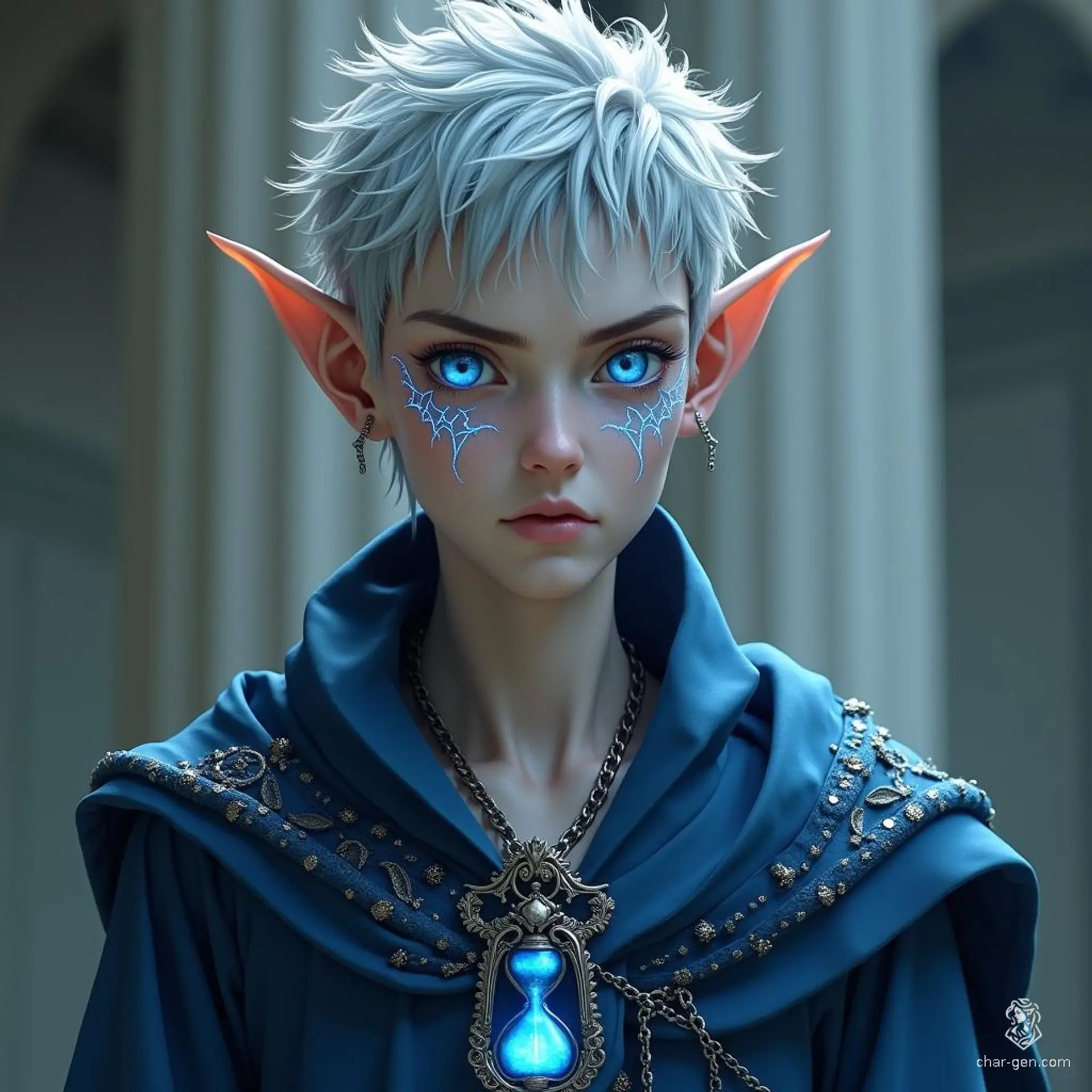 Vollaron is a frail yet striking high elf, characterized by his sharp features, tousled silver-gray hair, and glowing blue arcane marks. Draped in elegant deep blue robes, he exudes an enigmatic power as a master of chronomancy, symbolized by the hourglass pendant at his throat.