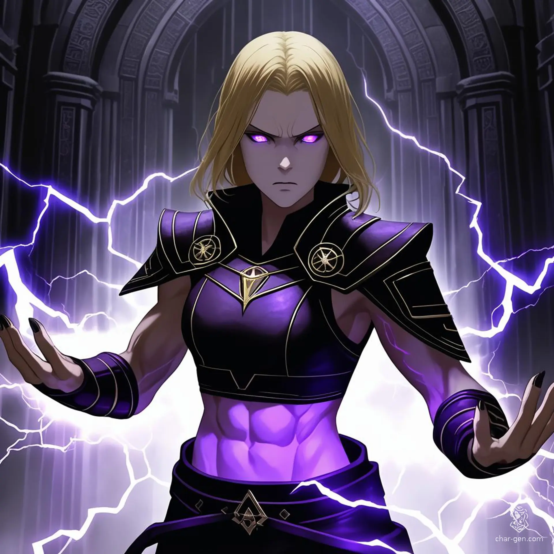 A young female Sith apprentice with shoulder-length gold hair and white eyes stands in a dark temple, electric energy crackling from her black-tipped fingers. Clad in a black and purple leather crop top, her muscled abs and glaring look radiate intimidation amidst eerie purple mist and lightning.