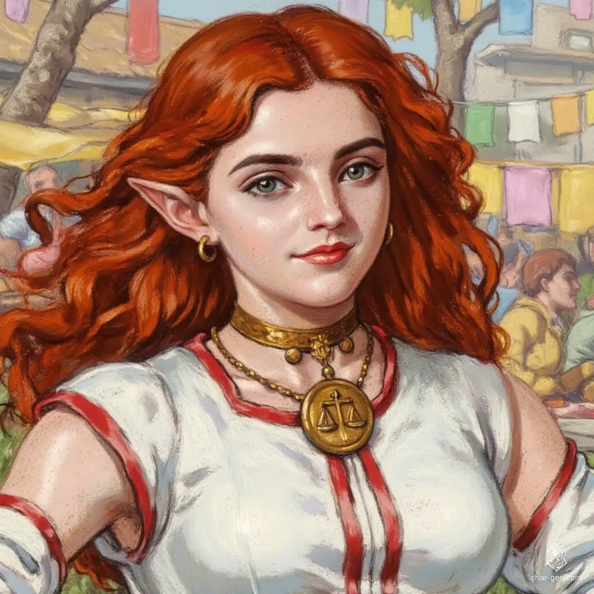 Cassyt is a serene young Kelemvorite cleric, her striking red hair cascading in waves around her freckled face. Adorned with a balance pendant, she wears a sleeveless white dress with red piping, embodying both grace and devotion as she navigates her world with wisdom and compassion.