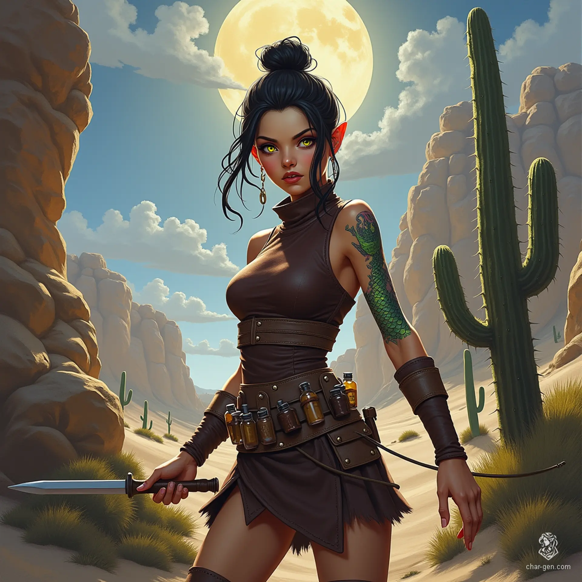 Izzy, a newly emancipated halfling assassin, is a perky yet lethal crossbow specialist. With snake-like yellow-green eyes and green scale tattoos, she embodies danger. Dressed in a tight brown tunic, she lurks in shadows, exuding competence and malice as she waits for her next target. 