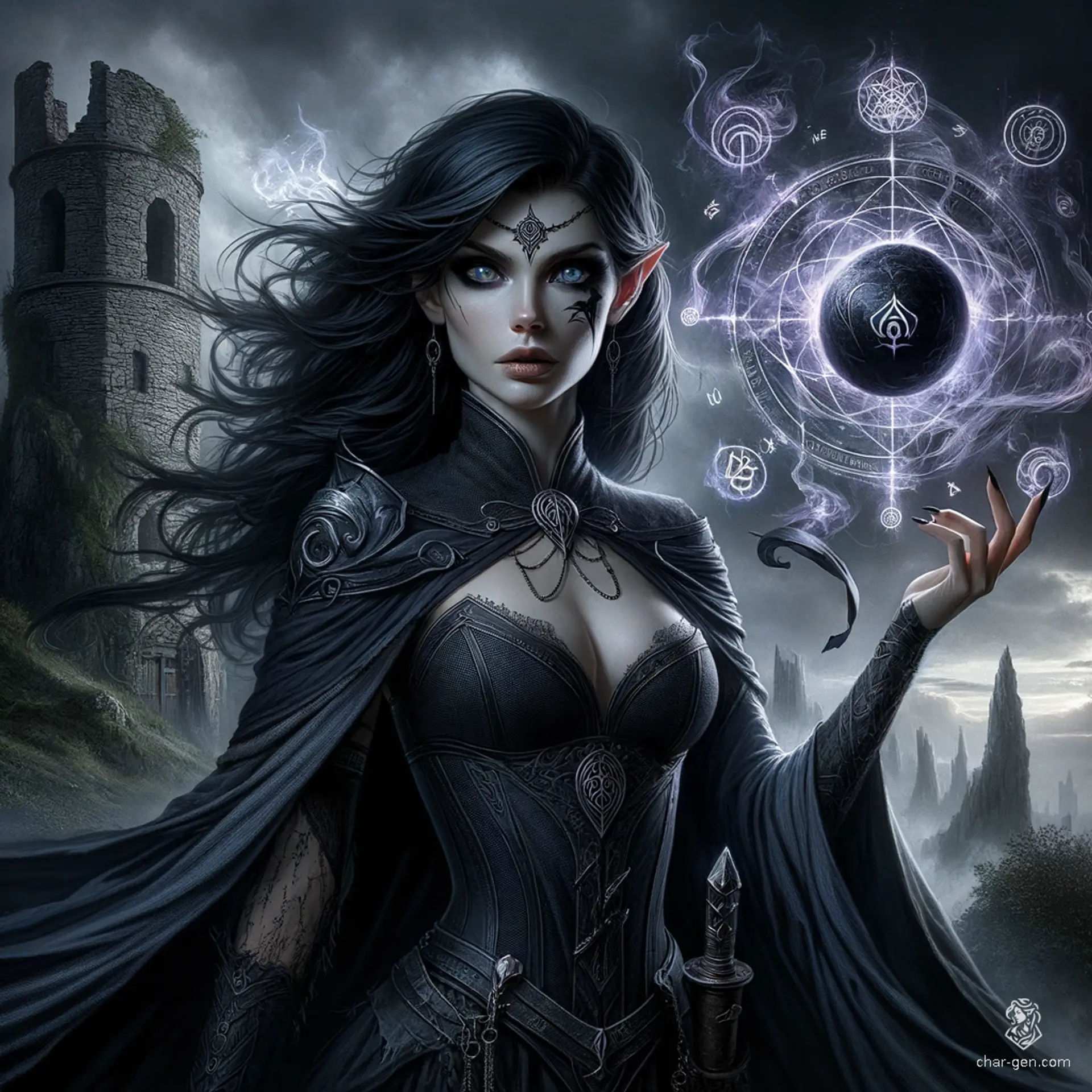 Zorwyn Volandross, a wise and intelligent High Elf warlock, wields arcane power with her ancestral weapon, marked by a shadowy scar. With silver eyes and jet-black hair, she dons the Volandross family colors. Her studies in void magic allow her to summon black holes and manipulate gravity.