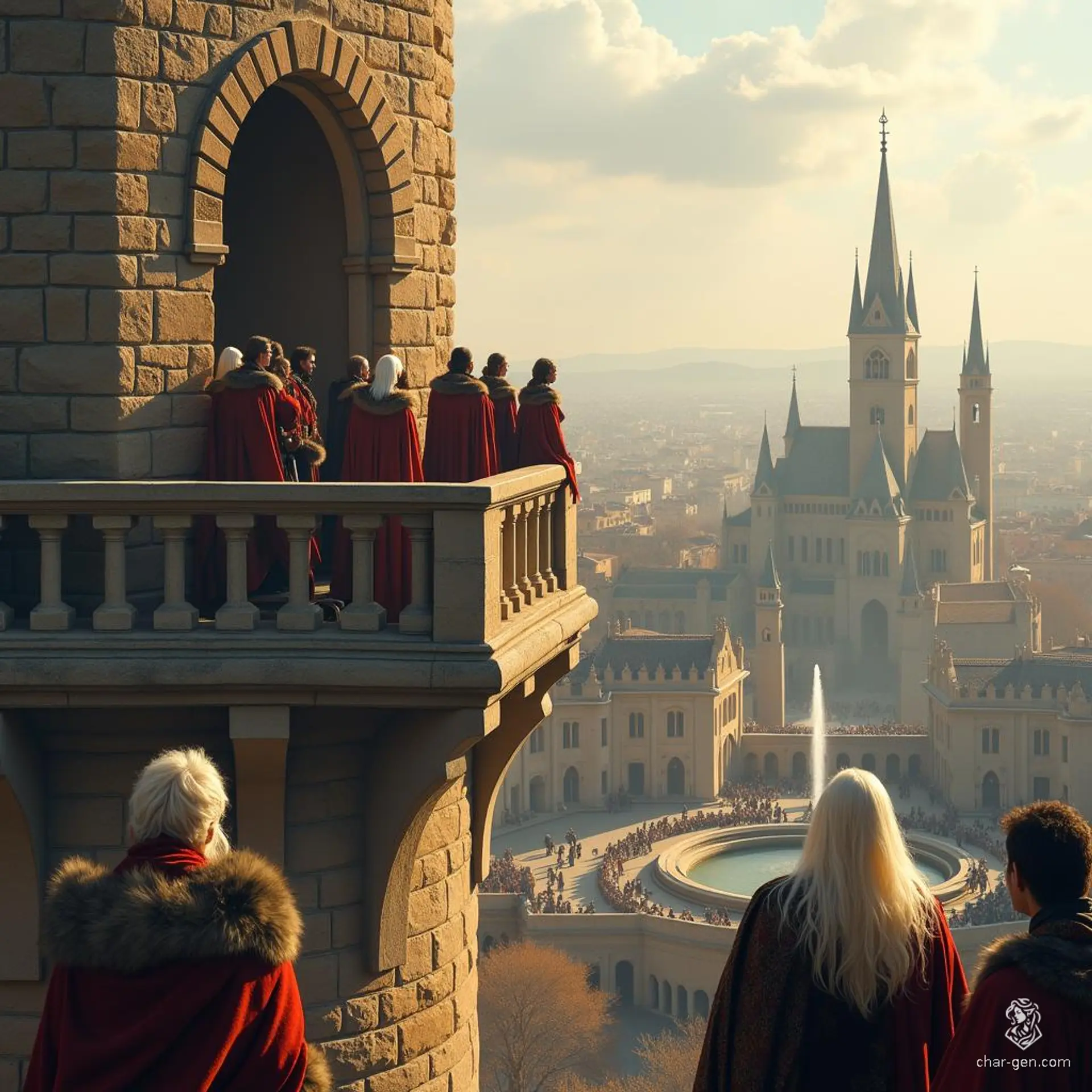 In a towering city, a gathering of Gallic figures share a tranquil winter moment on a lofty balcony. Below, noble war veterans listen to the haunting lament of a long-haired bard, weaving tales of valor amid the echoes of a bustling metropolis.