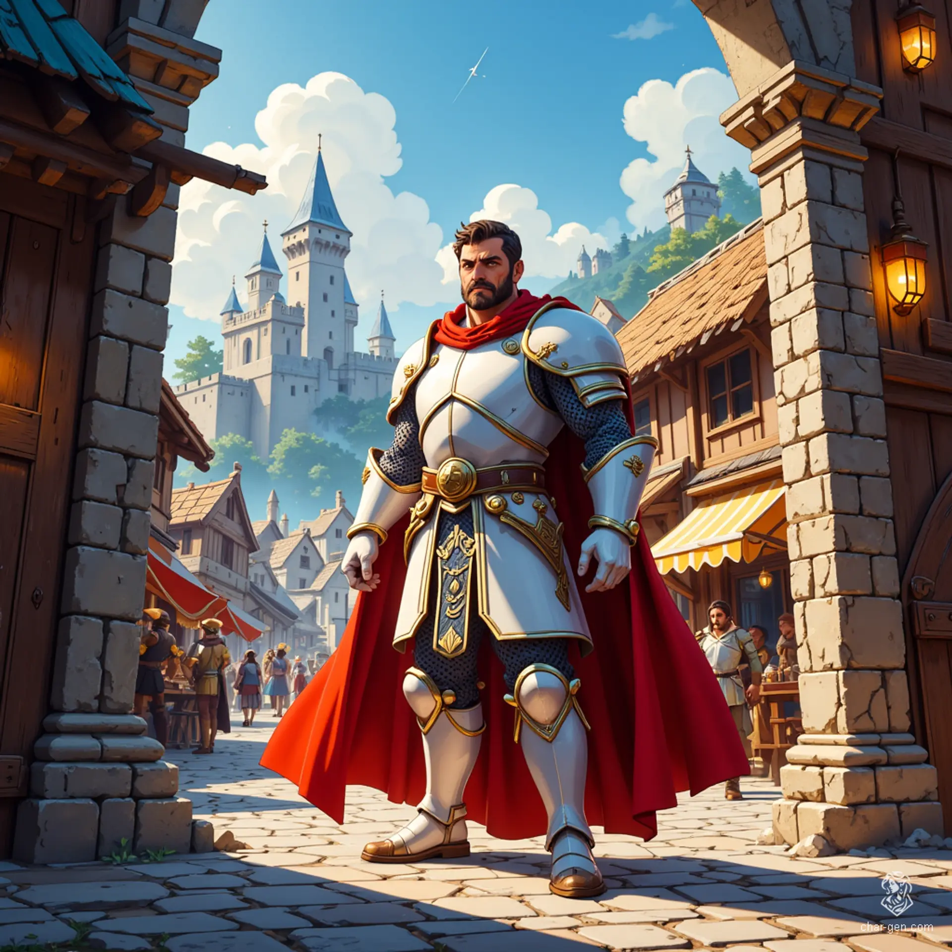 A vigilant human town guard clad in gleaming white armor, adorned with a flowing red cloak, stands resolute at the city gates. His chainmail glints under the sun as he patrols the streets, exuding a sense of unwavering duty and protection for the realm.