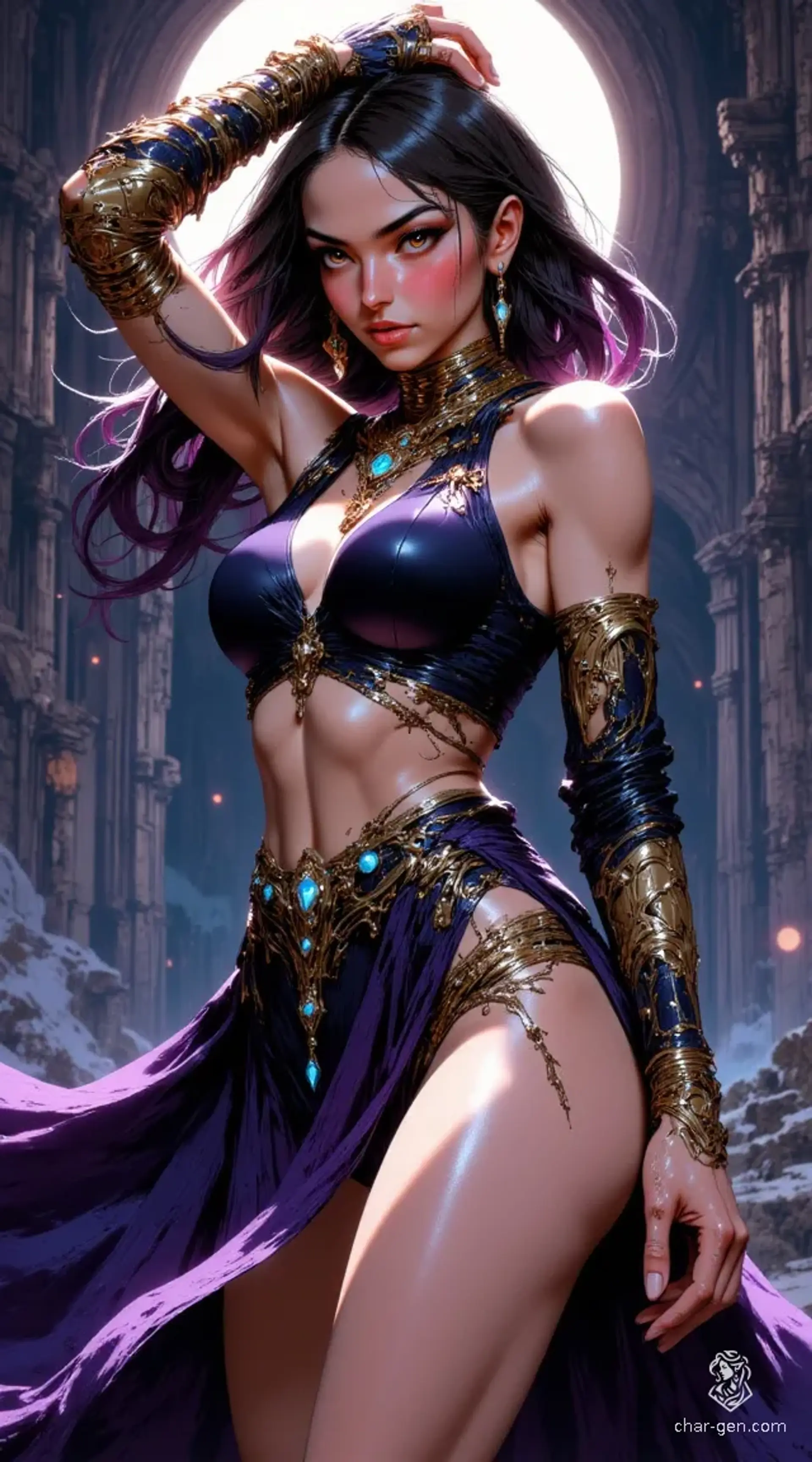 A captivating young dancer exudes confidence and allure, with gradient hair of purple, dark blue, and black. Adorned in a lavish purple outfit featuring gold accents and blue jewels, she moves gracefully against a backdrop of ancient ruins under a full moon, embodying the essence of a goddess.