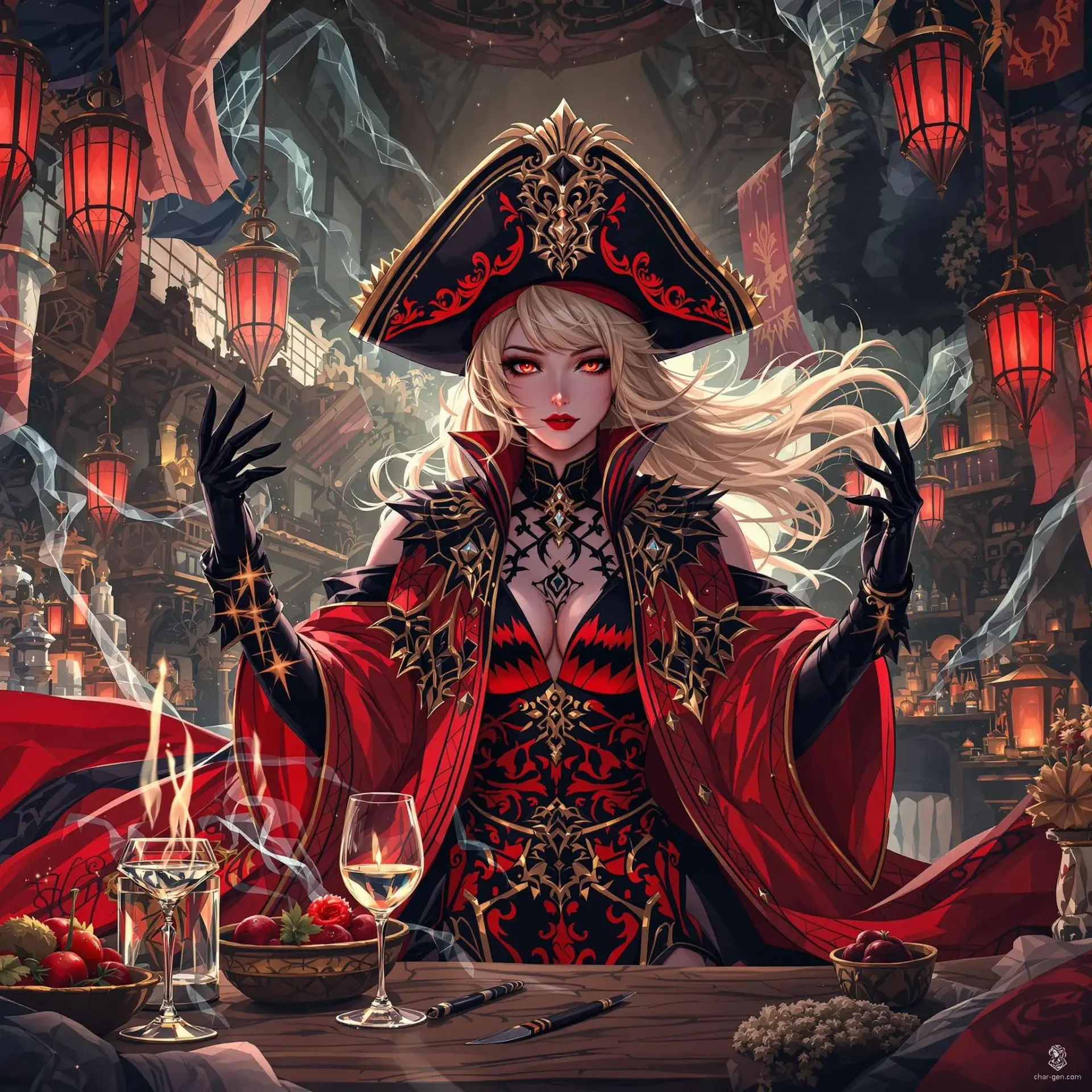In a vibrant, anime-inspired world, this character embodies the essence of fantasy with intricate costume designs adorned in reds and blacks. Set against a dramatic backdrop, they exude charisma with dynamic poses and elegant details, ready to embark on adventures amidst pirate taverns and mystical realms.