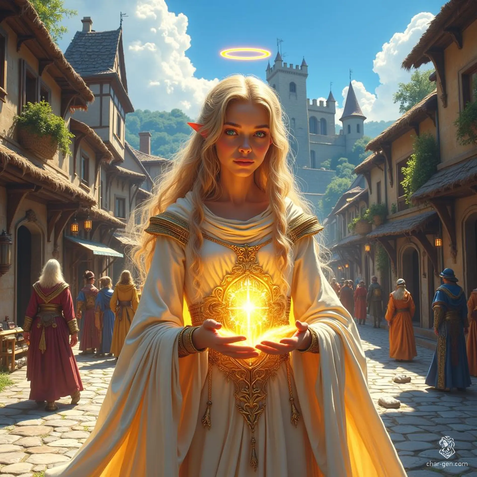 Seraphina, an aasimar cleric, radiates an ethereal glow, embodying divine grace. With her unusual eyes shimmering in hues of celestial light, she wields her prominent holy symbol with reverence, guiding lost souls with her serene demeanor and unmatched compassion. A beacon of hope in a tumultuous world.