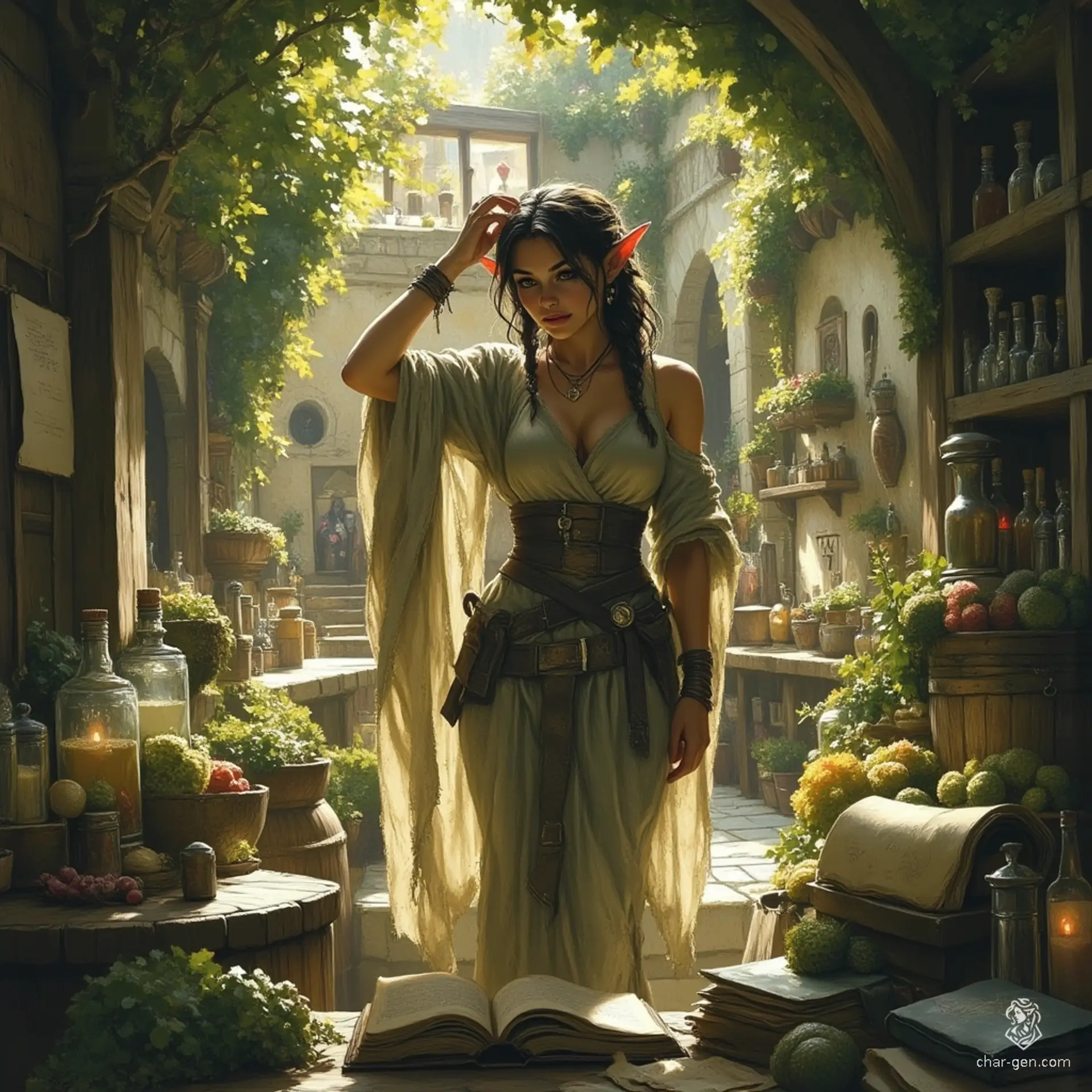 Maryam is a cute, older elf forensic medicine investigator with tanned skin and flowing tea-colored hair. Her bright topaz eyes reflect her caring nature and detective curiosity. In her cozy alchemical lab, she balances witchcraft with science, assisted by her ghostly spider familiar, embodying competence and playful charm.