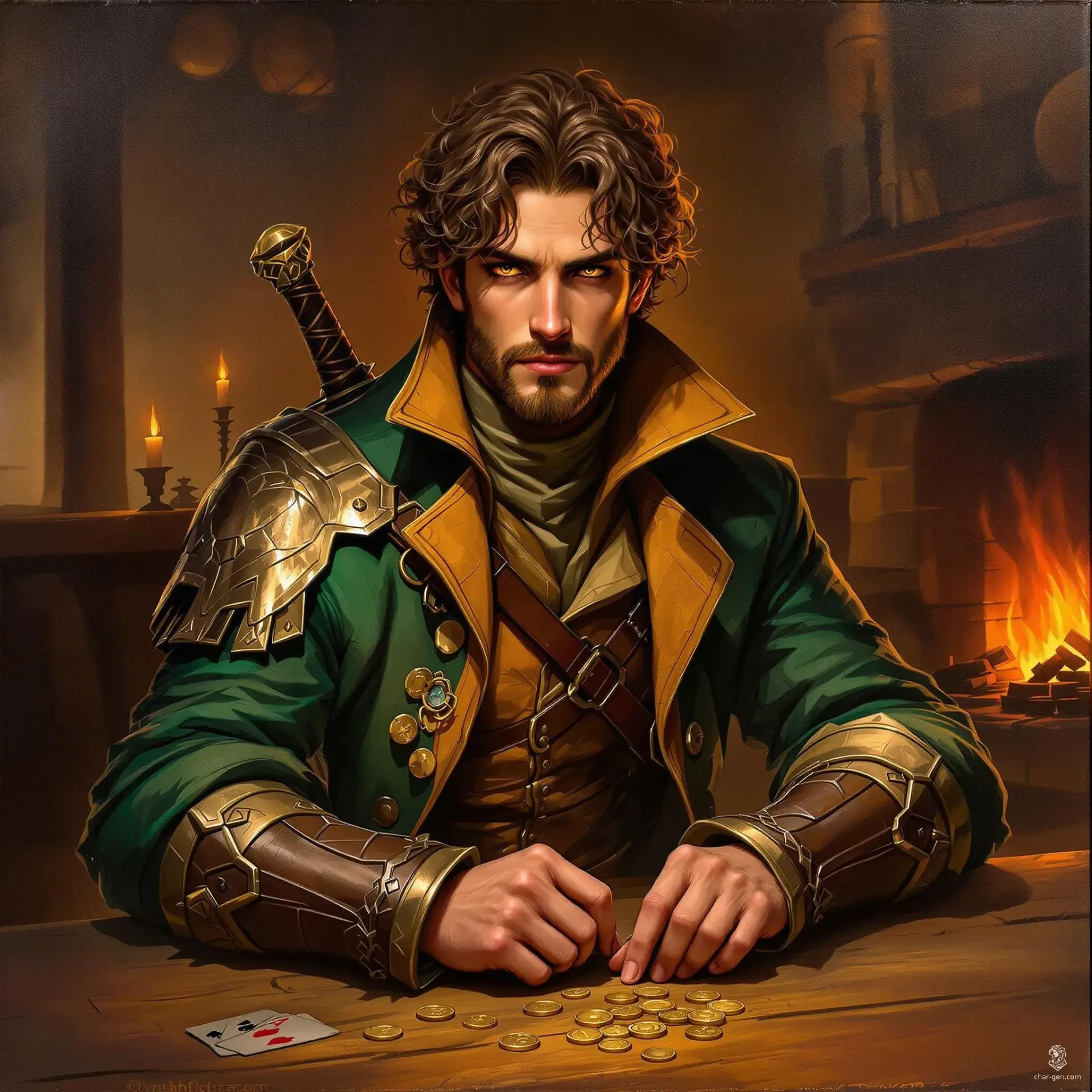 Korin Mayfaire is a 30-year-old human rogue and sorcerer, standing at 5'10" with tan skin and curly brown hair. Clad in intricately detailed brown and green leather armor, he possesses piercing hazelnut eyes and wields a rapier with deft precision. Nimble and intelligent, he navigates both dark alleys and arcane secrets, driven by a commitment to protect his community from malevolent forces.