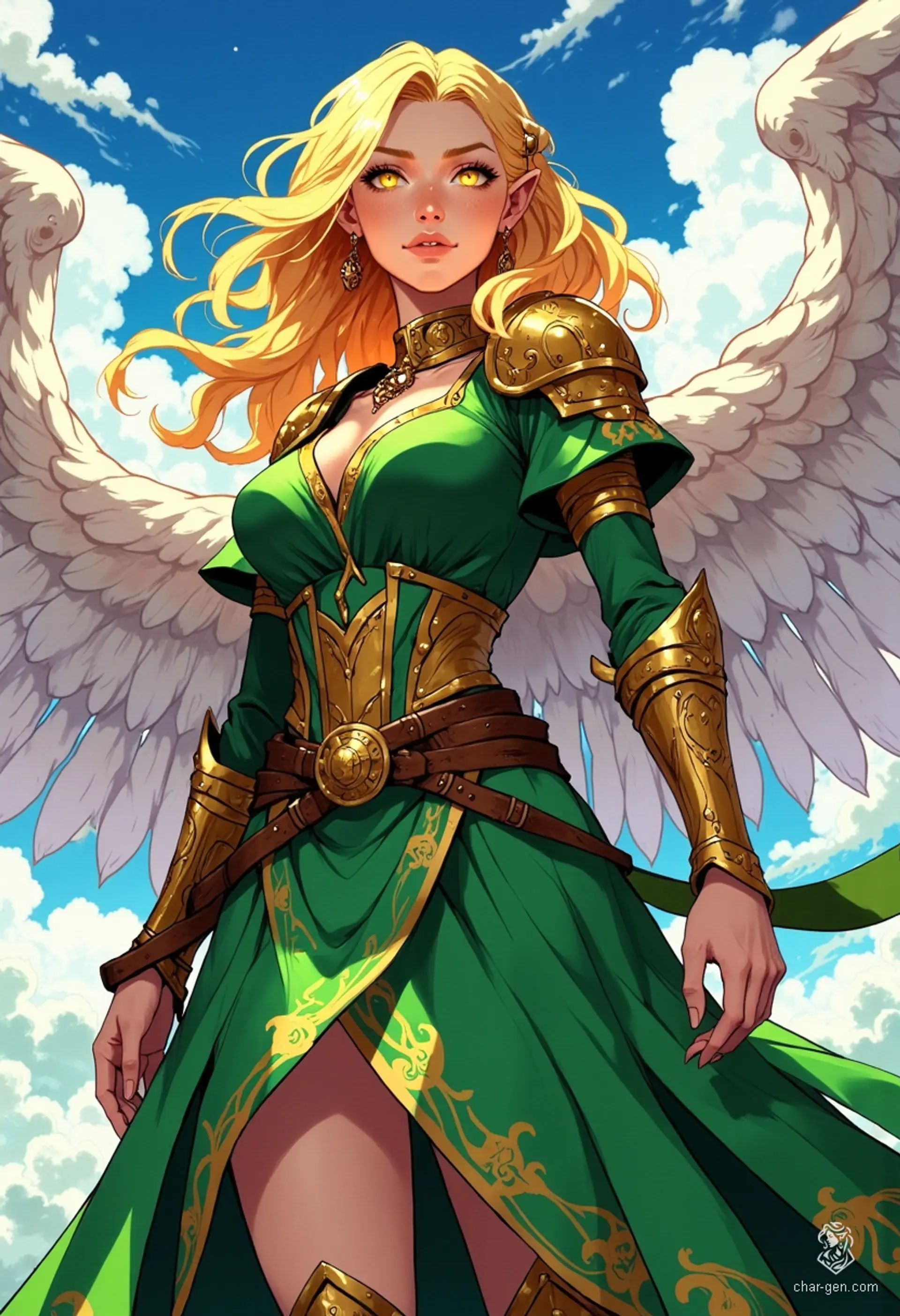 Sigarda is a radiant angelic warrior adorned in striking green and gold armor. With flowing golden hair and glowing gold eyes, she floats gracefully in the sky, embodying strength and beauty. Her dynamic pose and vibrant colors bring her exquisite digital anime art to life, captivating all who gaze upon her.