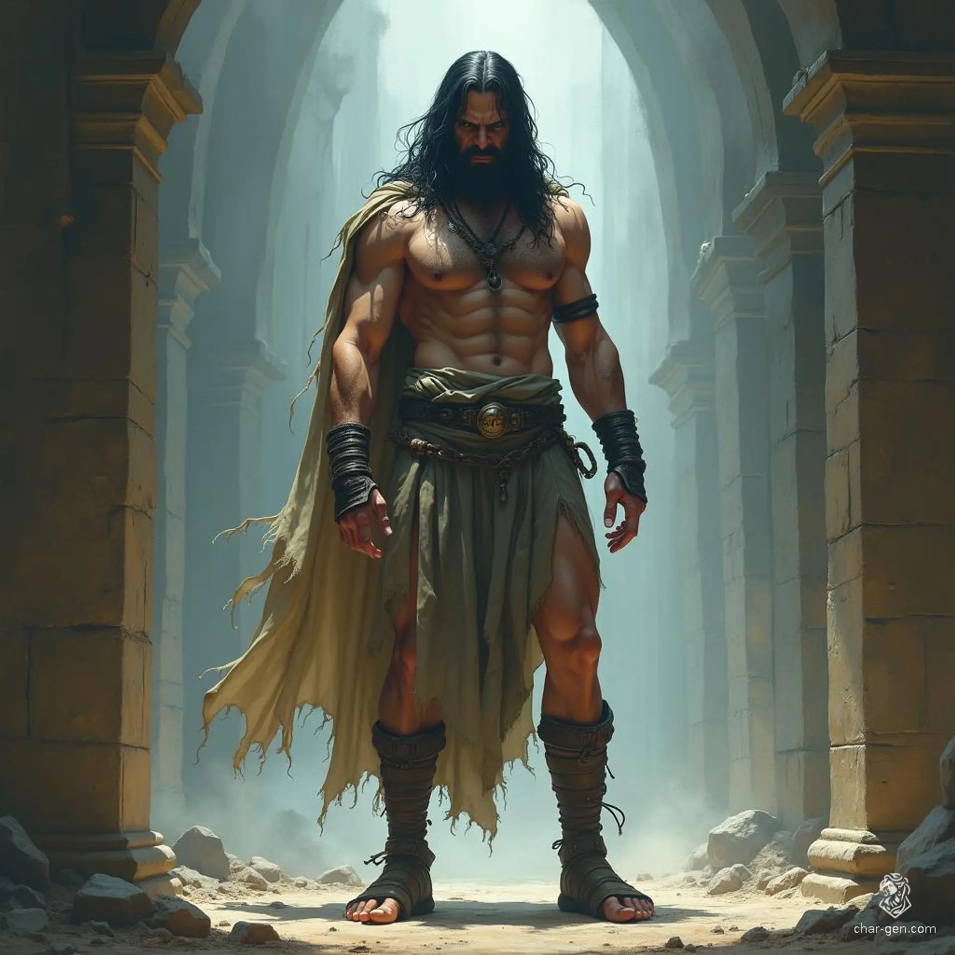 A tall, ragged prisoner, with long black hair and an angry expression, embodies a haunting ethereal presence. Clad in tattered garb and leather sandals, he carries an air of majestic defiance amidst a dreamlike, celestial landscape, capturing the very essence of epic fantasy.